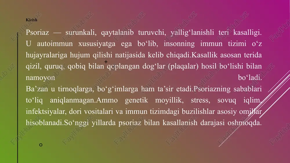 ega. 4 psoriazning ta’rifi va patogenezi psoriaz – bu surunkali, immun-mediatsiyalangan teri kasalligi bo'lib, unda teri hujayralari (keratinotsitlar) odatdagidan 10 marta tezroq ko'payadi va yuzaki qatlamda yig'ilib qoladi. normal holatda teri hujayralari 28-30 kun ichida to'liq yangilanadi, ammo psoriazda bu jarayon atigi 3-5 kungacha qisqaradi, natijada quruq, qobiqli dog'lar hosil bo'ladi. kasallikning ta'rifi quyidagicha: u terida qizil yoki jigarrang rangli, qalinlashgan plaqalar (dog'lar) shaklida namoyon bo'lib, ularning ustida kumushrang oq qobiqlar paydo olur. bu qobiqlar yoriqlar hosil qilishi va qon ketishi mumkin, shuningdek, qichishish va yonish hissi bilan birga keladi. psoriaz nafaqat teriga, balki tirnoq va bo'g'imlarga ham ta'sir etishi mumkin, bu esa psoriatik artrit kabi murakkab holatlarga olib keladi. kasallik yuqumli emas va genetik moyillik bilan atrof-muhit omillari birgalikda rivojlanadi 5 teri, tirnoq va bo‘g‘imlarga ta’siri psoriaz teri qoplamasiga eng kuchli ta'sir etadi, chunki kasallikning asosiy patogenezi keratinotsitlarning giperproliferatsiyasi (tez ko'payishi) bilan bog'liq. teri ta'siri quyidagicha namoyon bo'ladi: plaqalar …