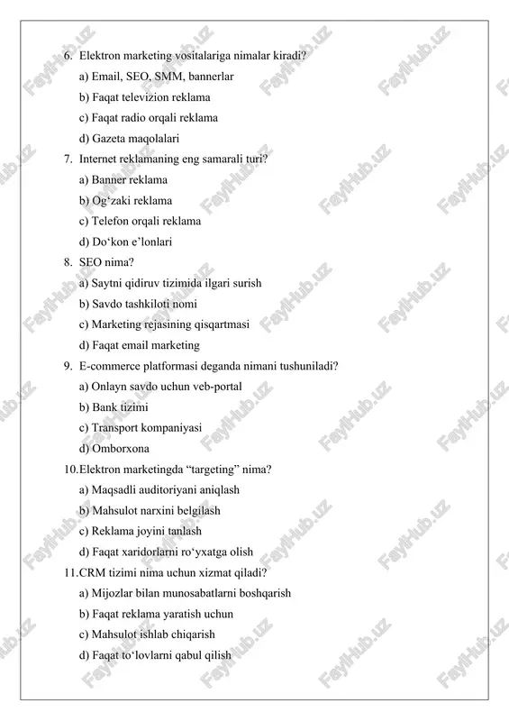 ingda “analytics” nima? a) ma’lumotlarni tahlil qilish tizimi b) reklama turi c) savdo joyi d) mijoz bilan shartnoma 14. influencer marketing nimani anglatadi? a) ijtimoiy tarmoq yetakchilari orqali reklama b) faqat gazeta orqali marketing c) telefon orqali reklama d) mahsulot sertifikati 15. elektron biznesning muvaffaqiyati nimaga bog‘liq? a) texnologiya, marketing va xizmat sifati uyg‘unligiga b) faqat narx siyosatiga c) faqat reklama miqdoriga d) ishchilar soniga variant b 1. raqamli iqtisodiyotning asosi nimaga tayanadi? a) axborot texnologiyalariga b) qog‘oz hujjatlarga c) ishlab chiqarishga d) an’anaviy savdoga 2. elektron biznesning asosiy ustunligi nima? a) tezkorlik va qulaylik b) xarajatlarni oshirish c) cheklangan mijozlar d) hujjat aylanishi ko‘pligi 3. b2c modelida kimlar ishtirok etadi? a) korxona va iste’molchi b) korxona va korxona c) davlat va korxona d) iste’molchi va iste’molchi 4. elektron marketing qanday maqsadga xizmat qiladi? a) mahsulotni onlayn muhitda targ‘ib etish b) faqat reklama joylash c) mahsulot ishlab chiqarish d) ombor …