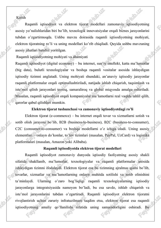 a ishlaydigan tizimni ifodalaydi. elektron tijorat esa bu tizimning ajralmas qismi bo’lib, tovarlar, xizmatlar va ma’lumotlarning onlayn muhitda sotilishi va sotib olinishini ta’minlaydi. ularning o’zaro bog’liqligi raqamli texnologiyalarning iqtisodiy jarayonlarga integratsiyasida namoyon bo’ladi, bu esa savdo, ishlab chiqarish va iste’mol jarayonlarini tubdan o’zgartiradi. raqamli iqtisodiyot elektron tijoratni rivojlantirish uchun zaruriy infratuzilmani taqdim etsa, elektron tijorat esa raqamli iqtisodiyotning amaliy qo’llanilishi sifatida uning samaradorligini oshiradi. bu bog’liqlik global iqtisodiy o’sishga hissa qo’shib, yangi imkoniyatlar yaratadi, ammo ayni vaqtda xavfsizlik va tengsizlik masalalarini ham keskinlashtiradi. raqamli transformatsiya jarayonida savdo tizimining o’zgarishi raqamli transformatsiya – bu korxonalar va iqtisodiy tarmoqlarning an’anaviy jarayonlarini raqamli texnologiyalar yordamida qayta tashkil etish jarayoni bo’lib, savdo tizimining o’zgarishiga bevosita ta’sir ko’rsatadi. an’anaviy savdo tizimi jismoniy do’konlar, distribyutorlar va oflayn aloqalarga asoslangan bo’lsa, raqamli transformatsiya uni onlayn platformalar, sun’iy intellekt va katta ma’lumotlar (big data) asosidagi tizimga aylantiradi. bu o’zgarish savdo jarayonlarini avtomatlashtirish, samaradorlikni oshirish va xarajatlarni kamaytirishga olib …