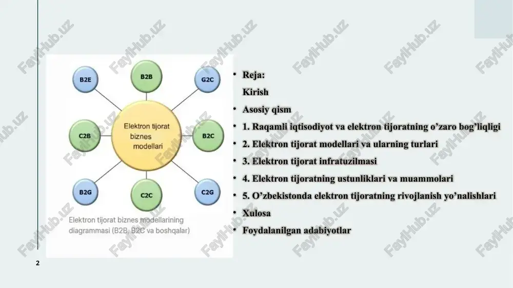 i ta’minlaydi. ularning o’zaro bog’liqligi raqamli texnologiyalarning iqtisodiy jarayonlarga integratsiyasida namoyon bo’ladi, bu esa savdo, ishlab chiqarish va iste’mol jarayonlarini tubdan o’zgartiradi. 4 raqamli transformatsiya jarayonida savdo tizimining o’zgarishi raqamli transformatsiya – bu korxonalar va iqtisodiy tarmoqlarning an’anaviy jarayonlarini raqamli texnologiyalar yordamida qayta tashkil etish jarayoni bo’lib, savdo tizimining o’zgarishiga bevosita ta’sir ko’rsatadi. an’anaviy savdo tizimi jismoniy do’konlar, distribyutorlar va oflayn aloqalarga asoslangan bo’lsa, raqamli transformatsiya uni onlayn platformalar, sun’iy intellekt va katta ma’lumotlar (big data) asosidagi tizimga aylantiradi. bu o’zgarish savdo jarayonlarini avtomatlashtirish, samaradorlikni oshirish va xarajatlarni kamaytirishga olib keladi 6 6 internet texnologiyalarining xalqaro savdoga ta’siri internet texnologiyalari xalqaro savdoni tubdan o’zgartirib, geografik chegaralarni yo’q qiladi va global bozorlarga kirishni osonlashtiradi. raqamli iqtisodiyotda internet savdo jarayonlarini tezlashtirib, xarajatlarni kamaytiradi va yangi imkoniyatlar yaratadi. bu texnologiyalar savdo tizimini demokratlashtirib, kichik korxonalarga ham xalqaro bozorlarga chiqishga yordam beradi.chuqur tahlilda, internet texnologiyalarining ta’siri quyidagi jihatlarda namoyon bo’ladi: bozor kengayishi, savdo tezligi …