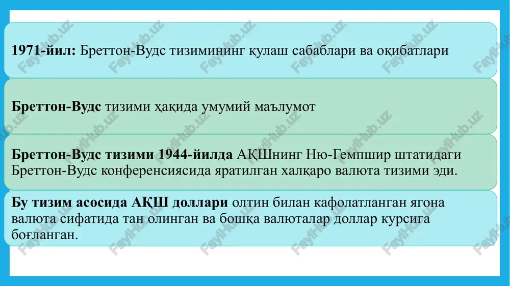 irozlar, xususan, 1973-yilgi neft inqiroziga sabab bo'ldi. 2. 1973-yil: neft inqirozi va moliyaviy oqibatlar neft inqirozining sabablari: geosiyosiy sabab: 1973-yil oktyabrda arab-isroil urushi (yom kippur urushi) boshlandi. arab davlatlarining javobi: isroilni qo'llab-quvvatlagani uchun opek davlatlari aqsh va g'arb davlatlariga qarshi neft embargosini e'lon qildi. neft narxining oshishi: neft narxi 4 oy ichida 4 barobarga oshdi (barreliga 3$ dan 12$ gacha). oqibatlari: inflyatsiyaning kuchayishi: neftga bog'liq barcha mahsulotlar qimmatlashdi, ayniqsa sanoat ishlab chiqarish va transportda. ishsizlik va iqtisodiy stagnatsiya: ishlab chiqarish pasaydi, iqtisodiy o'sish sekinlashdi. “stagflatsiya” hodisasi: ilk bor inflyatsiya va iqtisodiy o'sishning bir vaqtning o'zida sustlashuvi kuzatildi. evropa va yaponiyada energiya siyosatining qayta ko'rib chiqilishi: muqobil energiya manbalarini izlash boshlandi. moliyaviy tizimda yangi izlanishlar: energiya siyosatidagi xavflarni kamaytirish uchun markaziy banklar monetar siyosatni kuchaytirdilar. xulosa: 1971-yilda bretton-vuds tizimining qulashiga olib kelgan iqtisodiy nomutanosibliklar va siyosiy qarorlar global moliyaviy muvozanatsizlikning boshlanishi bo'ldi. 1973-yildagi neft inqirozi ushbu beqarorlikni yanada kuchaytirib, iqtisodiy siyosatni …