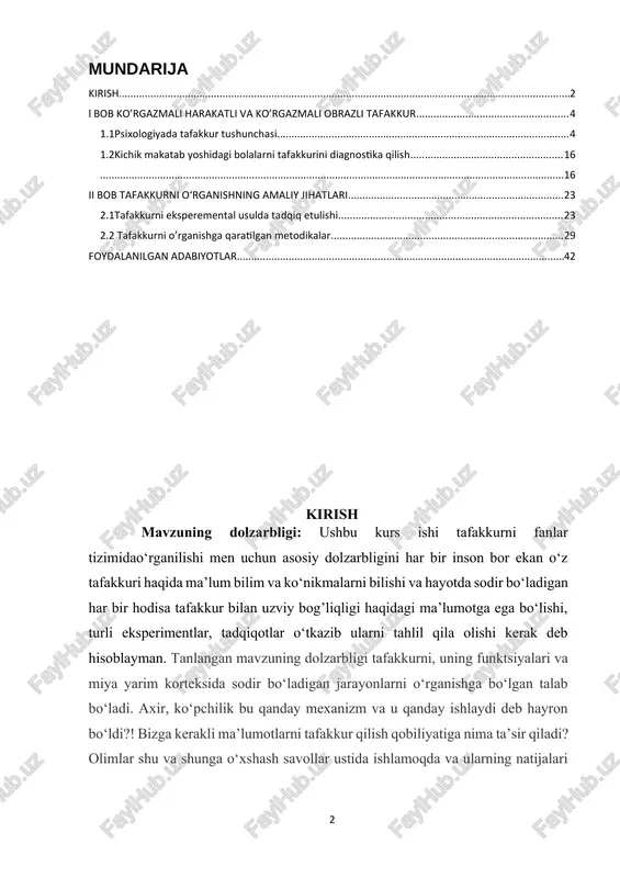 aminlash va tafakkur xususiyatlari borasida bilim malakalarini yanada oshirish. maktab yoshidagi bolalar hamda talabalar tafakkurini o‘rganish. kurs ishining vazifalari: 1.tafakkurni xususiyatlari va turlarinio‘rganish; 2.o‘qituvchi-psixolog bilan birgalikdao‘quvchilarda tafakkur o‘rganish bo‘yicha diagnostika metodlaridan foydalanish; 3.turli yoshdagi talabalar tafakkurini tahlil qilish, baholash va solishtirish; 4.tafakkurni rivojlantirish usullarini o‘rganish; kurs ishiningo‘rganilganlik darajasi tafakkur haqida ko‘plab olimlar ilmiy ish olib borganligi va ma’lumotlar keltirganligi. ularga misol qilib a.r luriya, p.i. zinchenko, e.b. titchener, v.vund, g.myuller, g. ebbingauzer, ya.sudzi miyasito, a.g. maklakov, a.a. smirnov va boshqa ko‘plab olimlarni keltirishimiz mumkin. fanda tafakkur turlari, jarayonlari va xususiyatlari haqida ilmiy izlanishlar olib borilgan vao‘rganib chiqilganligi. hozirgi kunda bular haqida ko‘plab ma’lumotlar borligi. ammo tafakkurning hajmi haqida haligacha to‘liq o‘rganishlar olib borilmagan va ma’limotlar yetarli emas ekanligi. maktabgacha yoshdagi bolalarni tadqiq qilishda bu metodi kalardan tashqari yana shult jadvali bo‘yicha sonlarni izlash, xotiranio‘rganish, «bavosita esda olib qolish metodikasi» (a.n. leont ev, 1928), qismlardan rasm hosil qilish (a.n. bern- shteyn, …
