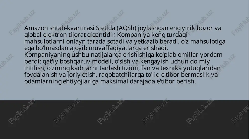 kitob - dasturlash bo'yicha darslik 1995 yil 3 aprelda sotilgan. o'sha paytda amazonda millionlab kitob nomlaridan iborat katta ma'lumotlar bazasi mavjud edi - oq fondagi oddiy qora matn. jeffning o'zi hech qanday kitobga ega emas edi: so'rovni olgandan so'ng, u uni o'zi hamkorlik qilgan oflayn do'konlarga jo'natadi va keyin jo'natishni qabul qiladi. amazonning sietl omborida bor-yo'g'i ikki ming kitob bor edi - faqat ularni imkon qadar tezroq oluvchilarga jo'natish kerak edi. qisqacha xronologiya 1996 yil: amazonda 100 ga yaqin odam ishlagan. o'sha vaqtga kelib kompaniya amerika qo'shma shtatlari va boshqa 45 mamlakatdan o'zining birinchi doimiy mijozlarini qo'lga kiritdi. 1997 yil: kompaniyaning ipo'si uni 66 million dollarga baholadi va raqobatchilar uchun "xavfli o'yinchi"ga aylandi. dastlabki shior "er yuzidagi eng katta kitob do'koni" bo'lib, bu raqib barnes & nobleni xafa qildi, u ham kitoblar sotgan va yaqinda elektron tijorat saytini ishga tushirgan. 1998 yil: har kuni 55 000 dan ortiq mahsulot sotiladi. …