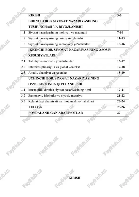 ligini ko‘rsatadi. mavzuning dolzarbligini quyidagi jihatlar asosida kengroq yoritish mumkin: jamiyat taraqqiyotidagi markaziy o‘rni: siyosat nazariyasi ijtimoiy tartib, barqarorlik, qonun ustuvorligi, fuqarolar huquqlarini himoya qilish, ijtimoiy adolat va tenglikni ta’minlashda asosiy vosita sifatida xizmat qiladi. u davlat institutlarining samaradorligini oshirish, byurokratik to‘siqlarni kamaytirish, fuqarolar ishtirokini kengaytirish va shaffoflikni ta’minlashga yordam beradi. masalan, o‘zbekistonda “elektron hukumat” tizimi 2023-yilda 2,5 milliondan ortiq fuqaroga davlat xizmatlarini onlayn tarzda taqdim etdi, bu shaffoflikni 30% ga oshirdi (o‘zbekiston respublikasi raqamli texnologiyalar vazirligi, 2023). demokratik islohotlar konteksti: o‘zbekistonda siyosiy tizimni modernizatsiya qilish, fuqarolik jamiyatini rivojlantirish, shaffoflikni oshirish vatip islohotlar 2016-yildan beri davom etayotgan “yangi o‘zbekiston” strategiyasi doirasida nodavlat tashkilotlarni qo‘llab-quvvatlash va fuqarolar ishtirokini kengaytirish siyosat nazariyasiga bo‘lgan ehtiyojni oshiradi. o‘zbekiston konstitutsiyasining 2023-yilda yangilangan tahlili fuqarolar huquqlarini kengaytirish, qonun ustuvorligini mustahkamlash va davlat boshqaruvida shaffoflikni oshirishni maqsad qildi (mirziyoyev, 2023). global muammolar va tendensiyalar: iqlim o‘zgarishi, xalqaro xavfsizlik, raqamli transformatsiya, migratsiya, pandemiyalar va sun’iy intellektning rivojlanishi kabi …