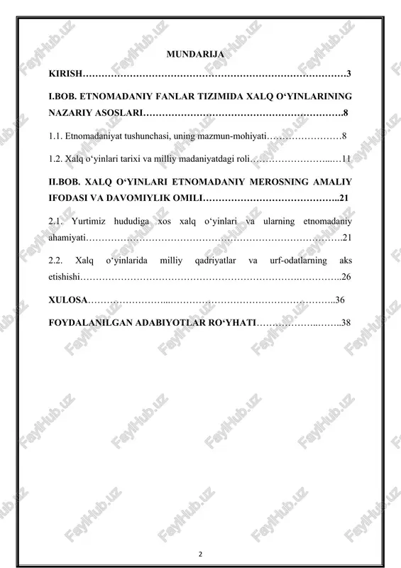 alar va virtual o‘yinlarga qiziqish ortib borayotgani fonida an’anaviy xalq o‘yinlariga e’tibor kamaymoqda. bu esa milliy madaniyat asoslarining yo‘qolishiga olib kelishi mumkin. shu bois, xalq o‘yinlarini faqatgina madaniy meros sifatida emas, balki yosh avlodning sog‘lom rivojlanishida, ularning ijtimoiylashuvida, estetik va ma’naviy tarbiyasida muhim vosita sifatida qayta kashf etish lozim. ularni maktabgacha ta’lim muassasalari, maktablar va yoshlar tashkilotlari faoliyatiga tatbiq etish orqali nafaqat yoshlarning jismoniy rivojlanishini, balki ularning tarixiy ildizlarga bo‘lgan hurmatini shakllantirish mumkin. kurs ishining obyekti: mazkur kurs ishining obyektini o‘zbekiston xalqining etnomadaniyat tizimi, ya’ni urf-odatlari, an’analari, og‘zaki ijodi va ayniqsa xalq o‘yinlari orqali ifodalanadigan milliy madaniy qadriyatlar tashkil etadi. xalq o‘yinlarini o‘rganish orqali biz o‘z milliy qadriyatlarimizga yangicha nigoh bilan qarash imkoniyatiga ega bo‘lamiz. shuningdek, ular orqali etnomadaniyatimizni chuqurroq tushunib, uni zamonaviy madaniy muhitda saqlab qolish va boyitishga xizmat qilamiz. shu jihatdan olib qaraganda, ushbu mavzuning nafaqat ilmiy, balki amaliy va tarbiyaviy jihatdan ham dolzarbligi juda muhim hisoblanadi. kurs …