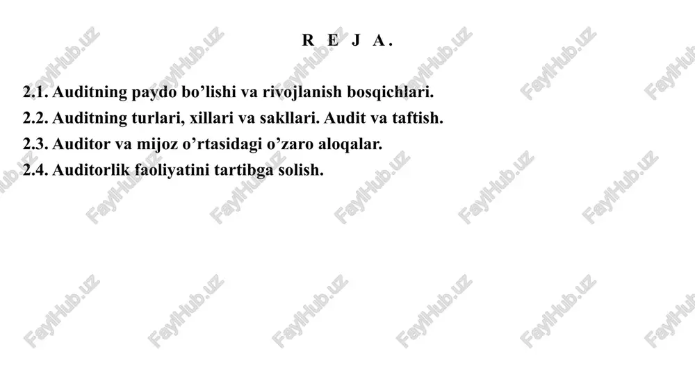 sidagi qonun qabul qilingan. hozirgi paytda bozor iqtisodiyoti rivojlangan mamlakatlarda o’zining tashkiliy huquqiy infratuzilmalariga ega bo’lgan audit institutlari faoliyat ko’rsatmoqda. auditorlik kasbi turli xil mamlakatlarda turlicha nomlanib kelingan. masalan, amerikada jamoatchi – buxgalter, fransiyada buxgalter ekspert yoki schyotlar bo’yicha komissar, germaniyada xo’jalik nazoratchisi, yoki kitoblar (das buch) nazoratchisi, qator anglo – saksoniya mamlakatlarida kompaniyaning moliyaviy faoliyatini nazorat qiladigan taftishchi kabilar. auditorlik faoliyatining rivojlanishiga 1929–1933 yillarda jahon iqtisodiy tanazzuli katta turtki bo’ldi. bu davrda aksiyadorlik jamiyatlari va boshqa korxonalarning ko’pchiligi inqirozga yuz tutdilar. natijada hisobotlarni, xususan, balans, foyda va zararlar to’g’risidagi hisobot ma'lumotlarini tasdiqlash tartibini qat'iy belgilash ularning to’g’riligi va haqqoniyligini mustaqil auditorlar tomonidan tekshirish ehtiyoji yuzaga kelgan. audit xix asr o’rtalarida shotlandiyada ham vujudga kela boshlagan. ingliz temiryo’lchilari, sug’urta va boshqa investorlar shimoliy amerikaga yo’l olishganida ular bilan birga yirik ingliz sarmoyador (kreditor)larining manfaatlarini himoya qiladigan mustaqil taftishchi – auditorlar ham birga borganlar. 2.2. auditning turlari, xillari va sakllari. audit …