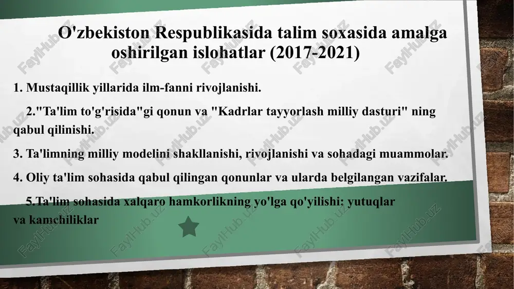 yta tashkil etish va tugatish, ustavga talablar; pedagogik xodimlar, ta'lim oluvchilar, ularning ota-onalari va boshqa qonuniy vakillari – huquqlar, majburiyatlar va kafolatlar bo'yicha. ta'lim-tarbiya jarayoni ishtirokchilarini ijtimoiy himoya qilish chora-tadbirlari belgilangan to'rtinchidan, davlat ta'lim standartlari va talablari, o'quv jarayoniga o'quv rejalari va dasturlarini, ta'lim sohasiga eksperimental va innovasion faoliyat ta'limni joriy etish bilan bog'liq masalalar tartibga solingan. o'qishga qabul qilish, jumladan maqsadli qabul qilish mexanizmi bayon etilgan beshinchidan, davlat tomonidan tartibga solish va nazorat qilish dastaklari reglamentlangan: a) birinchilarga quyidagilar kiradi: nodavlat ta'lim tashkilotlarining faoliyatini lisenziyalash – lisenziyalar ta'lim inspektsiyasi tomonidan cheklanmagan muddatga, har bir ta'lim turi uchun alohida beriladi; ta'lim tashkilotlarini attestasiyadan va davlat akkreditasiyasidan o'tkazish – ta'lim inspektsiyasi tomonidan 5 yil muddatga amalga oshiriladi. bunda nodavlat ta'lim tashkilotlari lisenziya olingan kundan e'tiboran 5 yil davomida akkreditasiyadan o'tgan deb hisoblanadi, bu muddat tugagach, ushbu attestasiya va akkreditasiyadan o'tkaziladi. davlat akkreditasiyasidan o'tgan tashkilotlar maxsus reestrga kiritiladi, bu haqdagi ma'lumotlar ta'lim …