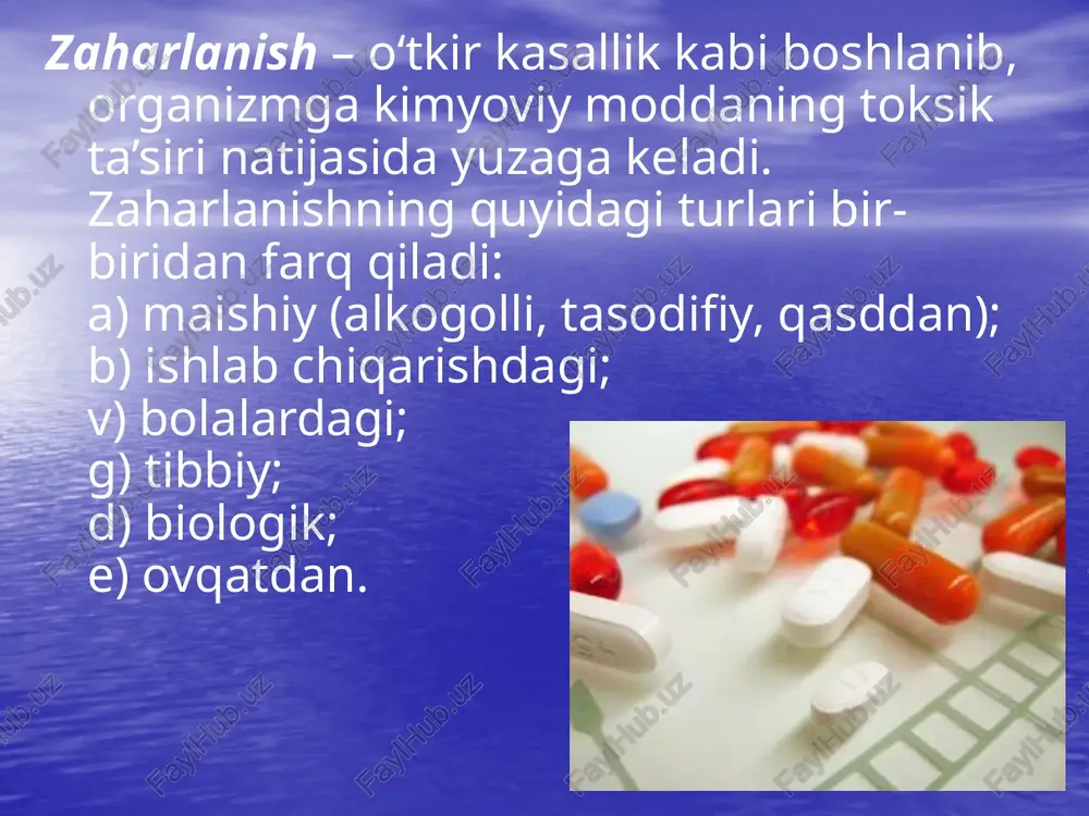 di. nafas olishning buzilishi quyidagi ko‘rinishda bo‘lishi mumkin: 1) aspiratsion-obturatsion shakli. bu tilning orqaga ketishi va qusiq massalari tufayli tiqilib qolishi bilan kechadi; 2) nafas o‘zgarishlarining markaziy shakli ixtiyoriy nafas olish harakatlarining yo‘qligi yoki yetishmasligi bilan kechadi; 3) o‘pka shokining rivojlanishi bilan bog‘liq – o‘pka shishi, pnevmoniya, bronxospazm bilan kechadigan o‘tkir traxeobronxit. oshqozon-ichak tizimining shikastlanishi o‘tkir gastro-enterit, qusish, ich ketishi, qorinning har xil joyida va turli intensivlikdagi og‘riqlar ko‘rinishida kechadi. jigarning shikastlanishi jigarning kattalashishi va og‘riq bo‘lishi, ko‘z sklerasi va terining sarg‘ayishi bilan kechadi. odatda qisqa vaqt ichida asabiy o‘zgarishlar ham qo‘shiladi – bezovtalik, qon ketishi, teri va shilliq qavatlarga qon quyilishi. buyraklar shikastlanganda, ko‘pincha tezda o‘tkir buyrak yetish-movchiligi rivojlanadi. uxlatuvchi moddalar bilan zaharlanish. bunda ko‘rsatiladigan birinchi yordam: jabrlanuvchi koma yoki chuqur uyquga ketgan holatda bo‘ladi. nafas vaqt-vaqti bilan, rangi oqarib ketgan yoki sianoz (ko‘karish), harorati ko‘tarilgan, keyinchalik toshma toshishi mumkin. aktivlangan ko‘mir yoki qandaydir boshqa sorbentlardan foydalanish, oshqozonni yuvish …
