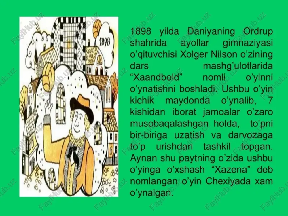 bol o’yinining rivojlanishi “katta gandbol” o’yini bilan bir vagtning o’zida_paralell ravishda bo’lgan. birinchi xalqaro goidalar 1934 yilda_ qabul qilingan. “kichik gandbol” ayniqsa skandinaviya davlatilari sportchilarida ko’proq qiziqish uyg’otdi. 1936 yilda daniya va shvetsiya terma jamoalari o'rtasida uchrashuv bo'lib o’tdi, unda daniyaliklar g’alaba qozonishdi. i * xalqaro gandbol federatsiyasi 11x11 gandbol o’yinini rivojlantirishga katta e'tibor qaratdi, ammo ushbu. oyinga bo'lgan qizigish kamayib “kichik gandbol’” rivojlana boshladi. 1954 yilda faqatgina 4 jamoa o’zaro baxslashishdi, bunda mezbonlar gialaba qozonishdi. 7x7 gandbol oyini bo’yicha _ birinchi jahon birinchiligi 1957 yili ayollar ortasida ugaslaviyada ochiq maydonda o'tkazildi. chexoslavakiya terma jamoasi galaba qozonishdi.