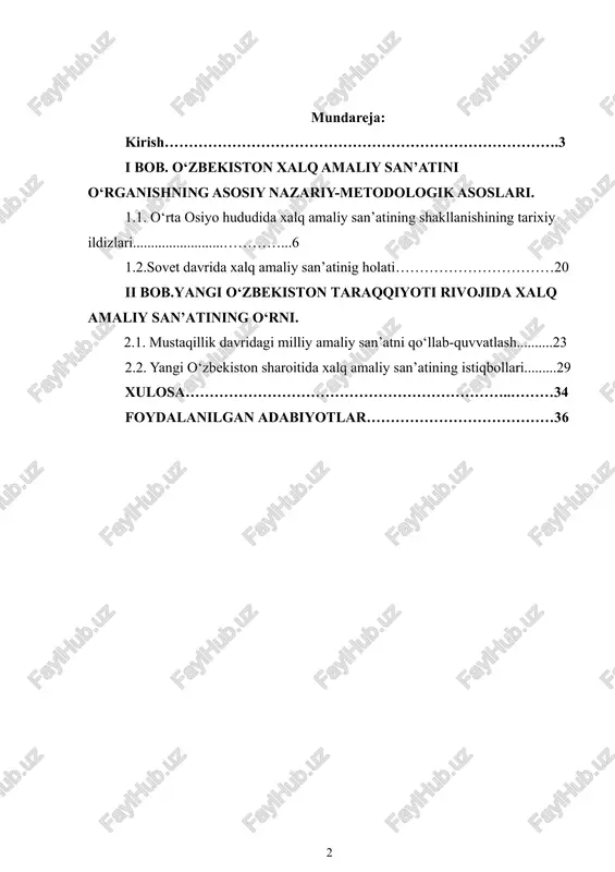 k turlarining bugungi kundagi ahamiyati va ularni yanada rivojlantirish istiqbollari haqida ham fikr yuritiladi. kurs ishi obyekti: o‘zbekiston hududida shakllangan va rivojlangan xalq amaliy san’ati namunalaridir. bu san’at turi o‘z ichiga naqqoshlik, kulolchilik, zargarlik, kashtachilik, yog‘och o‘ymakorligi, gilamdo‘zlik kabi qadimiy hunarmandchilik turlarini oladi. ushbu san’at turlari o‘zbek xalqining milliy madaniyati, estetik didi va tarixiy an’analarini aks ettiradi. kurs ishi predmeti: o‘zbek xalq amaliy san’atining uslubiy xususiyatlari, bezak elementlari, ishlatiladigan materiallar, milliylikni ifodalovchi shakl va ramzlar, shuningdek, bu san’at turlarining xalq hayoti, urf-odatlari va estetik qarashlari bilan bog‘liqligidir. mavzuning dolzarbligi: o‘zbek xalq amaliy san’ati xalqimizning boy madaniy merosi va an’analarini o‘zida aks ettirgan san’at turlaridan biri hisoblanadi. bugungi globallashuv jarayonida milliy qadriyatlarni asrab-avaylash va kelgusi avlodlarga yetkazish muhim ahamiyat kasb etadi. shu nuqtayi nazardan, o‘zbek xalq amaliy san’atining dolzarbligi uning tarixiy, madaniy va iqtisodiy jihatlari bilan bog‘liq. birinchidan, bu san’at turi xalqning o‘ziga xos madaniyati, an’ana va urf-odatlarini ifodalovchi vosita sifatida …