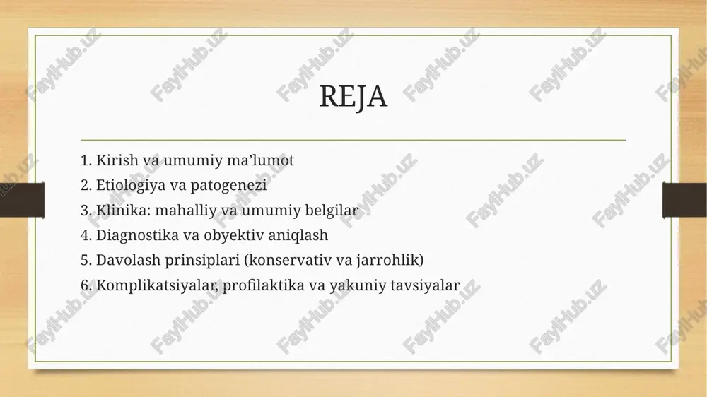 sh jarayonini davom ettiradi va tizimli reaktsiyalarni chaqirishi mumkin. klinika — mahalliy belgilar (gidradenit) gidradenitning mahalliy belgilariga terida ogʻriqli tugunlar, qizil va issiq pufaklar, keyinchalik ko'pikli yoki purulent bo'lgan fistulalar va seroz-purulent chiqindilar kiradi. dastlabki bosqichlarda kichik noduslar va ogʻriq kuzatiladi, kasallik rivojlanganda esa bir nechta bogʻlangan abscess zanjirlari va doimiy yiringli fistulalar paydo boʻladi. hududda tugʻma yoki orttirilgan fibroz o'zgarishlar, atrofiya va pigmentatsiya ham rivojlanadi. gidradenit odatda takrorlanuvchi bo'lib, mahalliy ogʻriq, harakat cheklanishi va kosmetik kamchiliklarga olib keladi. klinika — mahalliy belgilar (mastit va paraproktit) mastitda mahalliy belgilar qizil, issiq, ogʻriqli va shishgan ko'krak toʻqimasidan iborat bo'ladi; ba'zan teri ustida yalligʻlanish yengil ajraladi va palpatsiyada diffuz ogʻriqlilik seziladi. agar abscess shakllansa, sohada markazlashgan fluctuatsiya aniq bo'ladi va lokal alomatlar kuchayadi. paraproktitda bemor kuchli anal yoki perianal ogʻriqni, ogʻriq tufayli yurish va defekatsiya qiyinchiligini, shuningdek perianal sohada qizil-sargʻish shish va teri qizilchiligi hamda zamonaviy bosimga sezuvchanlikni his qiladi. ichak yoʻlidan …