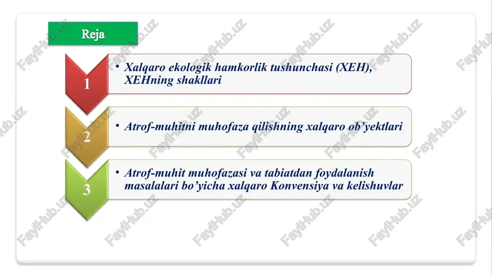 `lishi lozim: xalqaro ekologik hamkorlikning shakllari. davlatlararo hamkorliklarning sayyoramizda biosferaning yagonaligidan va insonlarning ta'siri hech qanday davlat chegaralari bilan cheklanmasligidan kelib chiqadi. oxirgi yillarda insoniyatni tashvishga solayotgan ko'plab mintaqaviy va umumsayyoraviy ekologik muammolar faqatgina davlatlararo hamkorlik yo'li bilan hal qilinishi mumkinligi ma'lum bo'lib qoldi. hozirgi vaqtda ekologiya va atrof-muhitni muhofaza qilish sohasida hamkorlikning ikki asosiy shakli ajratiladi: atrof muhitni muhofaza qilish va tabiiy resurslarda oqilona foydalanishga qaratilgan ikki tomonlama va ko'p tomonlama shartnoma va konvensiyalar; xalqaro tabiatni muhofaza qilish tashkilotlari. 3 fao– oziq-ovqat va qishloq xo`jaligi bo`yicha tashkilot. foydalanish, u yer, suv, o`simlik va ularning hayvonlardan unumdorligini kompleks oshirish muammolari bilan shug`ullanadi. who- xalqaro sog`liqni saqlash tashkiloti. atrof-muhit muhofazasining sanitary-gigiyenik masalalari bilan shug`ullanadi. wmo- xalqaro meteorologik tashkilot. iqlimdagi umumsayyoraviy o`zgarishlar bilan shug`ullanadi. 6 xalqaro ekologik tashkilotlar xalqaro ekologik tashkilotlar imko- dengizlar bo`yicha davlarlararo maslahat tashkiloti. bu tashkilot dunyo dengiz va okeanlaridan foydalanishning ekologik jihatlari bilan shug`ullanadi. yuqoridagilardan tashqari, bmtning ijtimoiy …