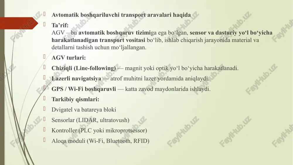 ddagi ishlab chiqarish tartibi o‘zgarsa ham tez moslashadi. 5. integratsiya imkoniyati: erp, scada, iot tizimlari bilan ulanadi. xulosa va kelajakdagi yo‘nalishlar xulosa: agv va robokarlar – “aqlli ishlab chiqarish” (smart factory) texnologiyalarining ajralmas qismi bo‘lib, ular: mehnat unumdorligini oshiradi, ishlab chiqarish xarajatlarini kamaytiradi, xavfsizlik va sifatni kafolatlaydi. kelajak yo‘nalishlari: sun’iy intellekt yordamida o‘z-o‘zini boshqaruvchi transportlar; iot asosidagi real vaqt boshqaruv tizimlari; energiya tejamkor va ekologik agv modellari; to‘liq avtonom ishlab chiqarish liniyalari. image1.jpeg image2.jpeg /docprops/thumbnail.jpeg