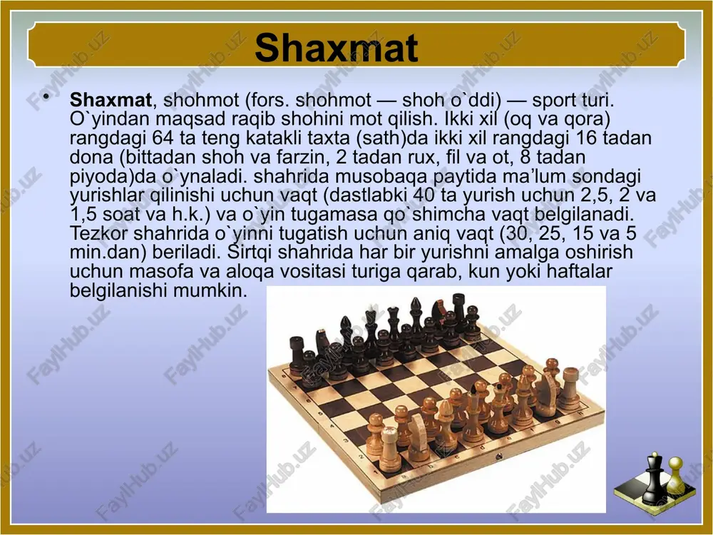 ab birorta shohmot donasi yura olmaydi. ot, yurmasdan kutilmagan joyga sakrab o'tadi. u, o‘zining va raqibning donalari ustidan, ikki xonadan keyin yon tomondagi uchinchi xonaga yuradi. oq xonada turgan bo'lsa qora xonaga yuradi, qoradan — oqqa. o`zbekiston zaminida sh. chuqur ildiz otganini tasdiqlovchi manbalar mavjud. 1972 yilda dalvarzintepa (surxondaryo)da olib borilgan arxeologik qazilmalar vaqtida kushon davri (1— 2-asrlar)ga oid sh. donalari, 1977 yilda afrosiyob (samarqand)da o`tkazilgan tadqiqotlar chog`ida 7—8-asrlarga taalluqli 7 ta sh. donasi topilgan. 9-asrda yashagan arab olimi va shatranjchisi aladliyning yozishicha, shatranjdagi inson tafakkurini cheklagan shashxoldagi xollarning tushishiga qarab yurish (shashxol)ning bekor qilinishi va bu o`yinning rivojlanishida o`rta osiyo xalqlari muhim rol o`ynagan. 20-asrning 90-yillaridan o`zbekiston sh.ida yuksalish boshlandi. erkaklar terma jamoasi jahon sh. olimpiadasida 2-o`rinni egalladi (1992), osiyo chempionatida g`alaba qozondi (1999). ibrohim hamroqulov o`smirlar o`rtasida jahon birinchiligida g`olib chiqdi (1998). rustam qosimjonov osiyoning birinchi (1998), jahonning 17-chempioni (2004) bo`ldi. fide tasnifi bo`yicha jahon chempionlariv. steynits 1886 …