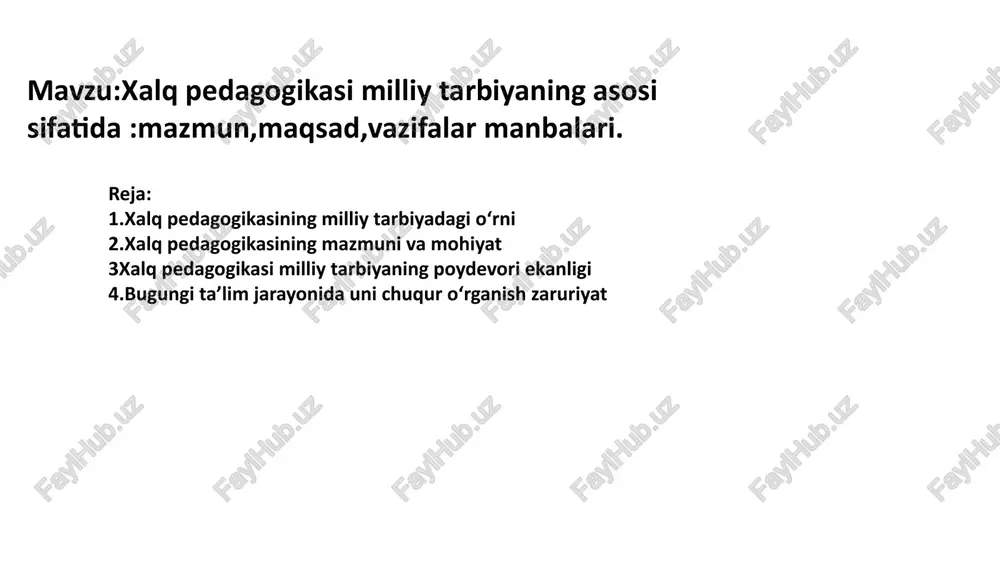 ma'naviy boy shaxsni shakllantirish. jamiyat ravnaqi vatanparvar, ijtimoiy faol va jamiyat taraqqiyotiga hissa qo'shuvchi fuqaroni tarbiyalash. kattalarga hurmat yoshi ulug'larga izzat, ajdodlar merosiga ehtirom ruhini singdirish. axloqiy poklik insoniy fazilatlar, vijdonlilik va halollikni yosh avlod ongiga singdirish. milliy o'zlikni anglash milliy til, madaniyat va tarixga chuqur mehr uyg'otish. 6 xalq pedagogikasining vazifalari: avloddan avlodga o'tkazish xalq pedagogikasi bilim va tajribalarni yoshlarga yetkazishda quyidagi asosiy vazifalarni bajaradi: bilimlarni uzatish hayotiy tajribalar, kasb-hunar sirlari va xalq hikmatlarini amaliy misollar orqali o'rgatish. axloqiy tarbiya berish ezgulik va yomonlik, halol va harom tushunchalarini farqlashga o'rgatish, ijtimoiy me'yorlarga rioya qilishga undash. madaniy merosni saqlash milliy o'yinlar, qo'shiqlar, dostonlar va adabiy namunalarni targ'ib qilish orqali madaniy xotirani mustahkamlash. shaxsiyatni mustahkamlash irodalilik, sabr-toqat, qat'iyatlilik kabi shaxsiy fazilatlarni rivojlantirishga yordam berish. 7 xalq pedagogikasining asosiy manbalari milliy tarbiya manbalari xalq ijodiyoti va moddiy-ma'naviy merosining barcha qatlamlarida namoyon bo'ladi. folklor ertaklar, afsonalar, maqollar va topishmoqlar orqali bolalarga ezgulik, adolat, …