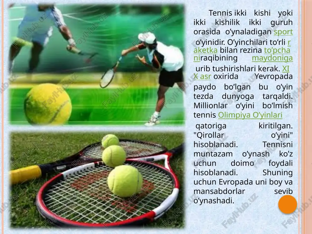 uchun 7 ochko to’plash zarur, agar hisob 7:6 bo’lib qolsa, o’yin qaysidir tomonning ikki ochko o’zib ketishigacha davom etadi. erkaklar o’yinida eng ko’p setlar mikdori – 5, ayollarda – 3 ta. tennis musobaqalari yakkalik, juftlik va aralash (bir erkak va bir ayol) tarzida tashkil qilinadi. tennisga o’xshash o’yinlar dastlab misrning tinis (tanis) shahrida paydo bo’lgan degan taxmin ham mavjud. bu o’yin 13–14-asrlarda italiya, fransiya, angliyada ommalashdi. fransiyada rohiblar 5 tadan bo’lib kaftlarida tennisga o’xshash o’yin o’ynashgan. 16-asrdan boshlab o’yinda dastlabki raketkalar qo’llanildi. zamonaviy tennis qoidalarini angliyalik volter uingfild ishlab chiqqan (1874). shu qoidalar asosida "uimbldon" turniri (angliya) 1877 yildan, aqsh ochiq chempionata 1881 yildan, "rollan garros" turniri (fransiya) 1891 yildan, avstraliya ochiq chempionata 1905 yildan o’tkazilib kelinadi (hozirgi kunda bu musobaqalar "ulkan toj" musobakdlari deyiladi). tennis 1896 yil olimpiada o’yinlari dasturiga kiritilgan. amerikalik duayt filli devis tashabbusi bilan 1900 yildan jamoalar o’rtasida norasmiy jahon chempionati hisoblanmish devis kubogi o’tkaziladi. 1912 …