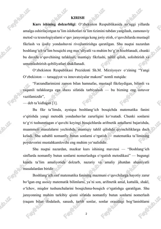 azardan, mazkur kurs ishining mavzusi — “boshlang‘ich sinflarda nomanfiy butun sonlarni nomerlashga o‘rgatish metodikasi” — bugungi kunda ta’lim amaliyotida dolzarb, nazariy va amaliy jihatdan ahamiyatli masalalardan biridir. boshlang‘ich sinf matematika fanining mazmuni o‘quvchilarga hayotiy zarur bo‘lgan eng asosiy matematik bilimlarni, ya’ni son, arifmetik amal, kattalik, shakl, o‘lchov, miqdor tushunchalarini bosqichma-bosqich o‘rgatishga qaratilgan. shu jarayonning muhim tarkibiy qismi sifatida nomanfiy butun sonlarni nomerlash (raqam bilan ifodalash, sanash, tartib sonlar, sonlar orasidagi bog‘lanishlarni tushunish) o‘quvchilarning matematik tafakkurini shakllantirishda asosiy ahamiyatga ega. boshlang‘ich sinflarda sonlar tizimi haqida dastlabki tasavvurlarni shakllantirish o‘qituvchidan yuksak mahorat, izchillik va bolalarning psixologik xususiyatlarini hisobga olgan holda metodik yondashuvni talab etadi. o‘quvchi sonlarni faqat yodlab emas, balki sanash jarayoni orqali sonlarning mohiyatini anglash, tartib va miqdor tushunchalarini farqlash, raqamlarning o‘rniga qarab sonning qiymati o‘zgarishini tushunish kabi ko‘nikmalarni hosil qilishi zarur. kurs ishining asosiy maqsadi — boshlang‘ich sinflarda o‘quvchilarga nomanfiy butun sonlarni nomerlashni o‘rgatishning samarali metodikasini ishlab chiqish, bu jarayonda …