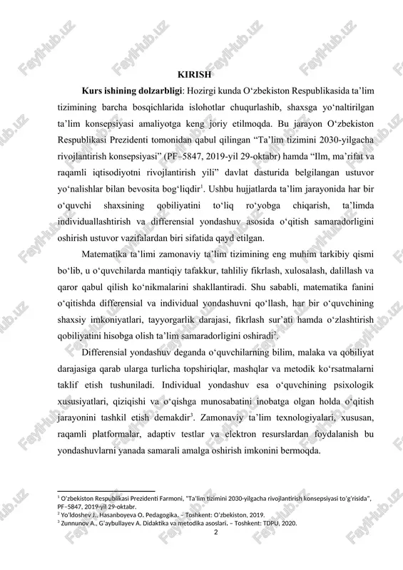 fferensial va individual yondashuvni qo‘llash, har bir o‘quvchining shaxsiy imkoniyatlari, tayyorgarlik darajasi, fikrlash sur’ati hamda o‘zlashtirish qobiliyatini hisobga olish ta’lim samaradorligini oshiradi[footnoteref:2]. [2: yo‘ldoshev j., hasanboyeva o. pedagogika. – toshkent: o‘zbekiston, 2019.] differensial yondashuv deganda o‘quvchilarning bilim, malaka va qobiliyat darajasiga qarab ularga turlicha topshiriqlar, mashqlar va metodik ko‘rsatmalarni taklif etish tushuniladi. individual yondashuv esa o‘quvchining psixologik xususiyatlari, qiziqishi va o‘qishga munosabatini inobatga olgan holda o‘qitish jarayonini tashkil etish demakdir[footnoteref:3]. zamonaviy ta’lim texnologiyalari, xususan, raqamli platformalar, adaptiv testlar va elektron resurslardan foydalanish bu yondashuvlarni yanada samarali amalga oshirish imkonini bermoqda. [3: zunnunov a., g‘aybullayev a. didaktika va metodika asoslari. – toshkent: tdpu, 2020.] o‘zbekiston respublikasi prezidentining “yangi o‘zbekiston – ma’rifatli jamiyat” g‘oyasini hayotga tatbiq etish haqidagi nutqlarida ham ta’limning shaxsga yo‘naltirilgan tizimini shakllantirish, o‘qituvchi faoliyatini innovatsion metodlar asosida tashkil etish, o‘quvchilarda mustaqil fikrlash ko‘nikmalarini rivojlantirish zarurligi alohida ta’kidlanadi[footnoteref:4]. bu esa o‘qituvchidan nafaqat fan mazmunini chuqur bilishni, balki pedagogik-psixologik yondashuvlarni to‘g‘ri …