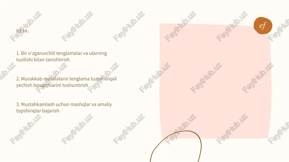 matnini to‘liq va tushunarli o‘qib chiqish lozim. keyingi qadam — berilgan ma’lumotlarni tartibga solish va noma’lum sonni belgilar yordamida ifodalashdir. masalada aytilgan bog‘lanishlar asosida bir o‘zgaruvchili tenglama tuziladi. tenglama tayyor bo‘lgach, uni oddiy arifmetik amallar yordamida bosqichma- bosqich yechish ko‘rsatiladi. so‘ngra topilgan natija masala shartiga qo‘yilib tekshiriladi. ushbu jarayon o‘quvchilarda masalani tahlil qilish, mantiqiy fikrlash va aniq yechim chiqarish ko‘nikmasini rivojlantiradi. 3. mustahkamlash uchun mashqlar va amaliy topshiriqlar bajarish bir o‘zgaruvchili tenglamalar bilan murakkab masalalarni yechish bo‘yicha o‘rganilgan bilimlarni mustahkamlash uchun o‘quvchilarga turli mashqlar va amaliy topshiriqlar beriladi. avval sodda misollar bilan ishlanib, keyin asta-sekin murakkabligi ortib boradigan masalalar yechdiriladi. o‘quvchilarga juftlikda yoki kichik guruhlarda ishlash imkoniyati berish, ularning fikrlash jarayonini tushuntirishga undash foydali bo‘ladi. shuningdek, hayotiy vaziyatlarga asoslangan topshiriqlar (masalan, xarid qilish, masofa va vaqt bilan bog‘liq hisob-kitoblar) ularning qiziqishini oshiradi. mashqlarni muntazam bajarish va yechimni tekshirish odati o‘quvchilarda mantiqiy fikrlash, hisoblash aniqligi hamda mustaqil ishlash ko‘nikmalarini rivojlantiradi. xulosa …