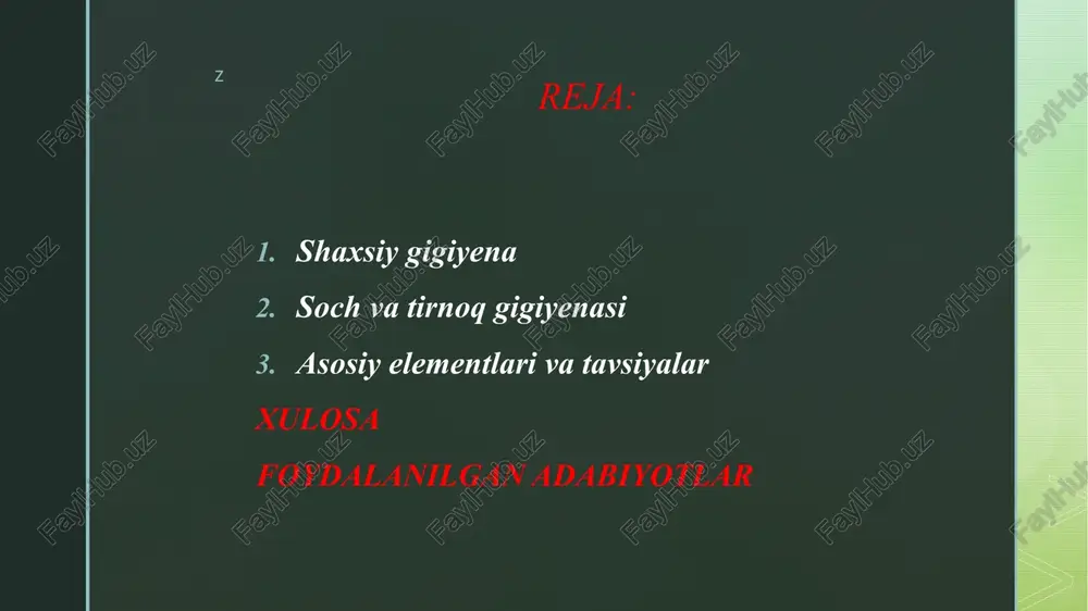 kasalliklarini kamaytirish. z soch va tirnoq gigiyenasi sochlarni muntazam yuvish, tarash va shampun bilan parvarishlash. tirnoqlarni qirqish va toza saqlash, qo‘l va oyoq tirnoqlaridagi mikroblarning oldini olish. shaxsiy kiyim va poyabzal gigiyenasi: kiyimlarni har kuni yoki kerak bo‘lganda almashtirish. ichki kiyimlarni toza saqlash, terining nafas olishini ta’minlash. poyabzalni quritish va tozalash, oyoq terisi kasalliklarini oldini olish. gigiyenik odatlar va psixologik sog‘liq: toza bo‘lish hissi ruhiy holatni yaxshilaydi. shaxsiy tartib-intizom – o‘z-o‘zini boshqarish ko‘nikmalarini rivojlantiradi. z shaxsiy va umumiy gigiyena o‘rtasidagi farqlar asosiy jihat shaxsiy gigiyena umumiy gigiyena maqsad shaxsning o‘z sog‘ligini saqlash jamiyat va atrof-muhit sog‘ligini ta’minlash mas’uliyat individual (shaxs o‘zi) hamjamiyat, hukumat va tashkilotlar misollar tish yuvish, soch tarash, qo‘l yuvish axlatni belgilangan joyga tashlash, suvni toza saqlash ta’sir doirasi shaxs va yaqin atrof jamoat va umumiy makon z asosiy elementlari va tavsiyalar: tana tozaligi: kundalik dush qabul qilish, ayniqsa sportdan yoki tashqarida faoliyatdan so‘ng. teri parvarishi: terini tozalash, …