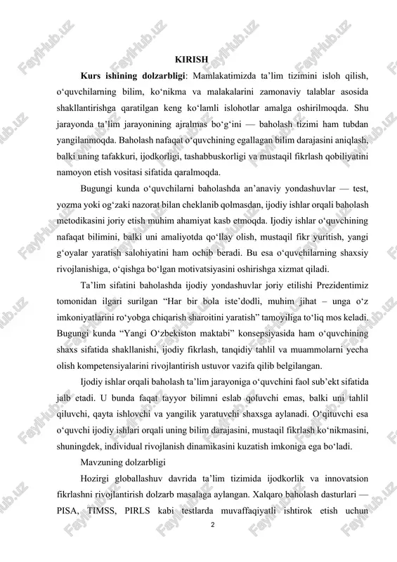 aktabi” konsepsiyasida ham o‘quvchining shaxs sifatida shakllanishi, ijodiy fikrlash, tanqidiy tahlil va muammolarni yecha olish kompetensiyalarini rivojlantirish ustuvor vazifa qilib belgilangan. ijodiy ishlar orqali baholash ta’lim jarayoniga o‘quvchini faol sub’ekt sifatida jalb etadi. u bunda faqat tayyor bilimni eslab qoluvchi emas, balki uni tahlil qiluvchi, qayta ishlovchi va yangilik yaratuvchi shaxsga aylanadi. o‘qituvchi esa o‘quvchi ijodiy ishlari orqali uning bilim darajasini, mustaqil fikrlash ko‘nikmasini, shuningdek, individual rivojlanish dinamikasini kuzatish imkoniga ega bo‘ladi. mavzuning dolzarbligi hozirgi globallashuv davrida ta’lim tizimida ijodkorlik va innovatsion fikrlashni rivojlantirish dolzarb masalaga aylangan. xalqaro baholash dasturlari — pisa, timss, pirls kabi testlarda muvaffaqiyatli ishtirok etish uchun o‘quvchilarda nafaqat bilim, balki uni turli vaziyatlarda qo‘llay olish, yangi yechimlar topish ko‘nikmasi zarur. shu bois, o‘quvchilarning ijodiy ishlarini baholash orqali ularning tafakkur doirasini, kommunikativ, analitik va amaliy kompetensiyalarini baholash ham zamonaviy ta’lim talabidir. ta’limda ijodiy baholashning afzalligi shundaki, u o‘quvchilarda o‘z fikrini mustaqil ifodalash, yangilik kiritish, ijodiy yondashuvni rivojlantirish …