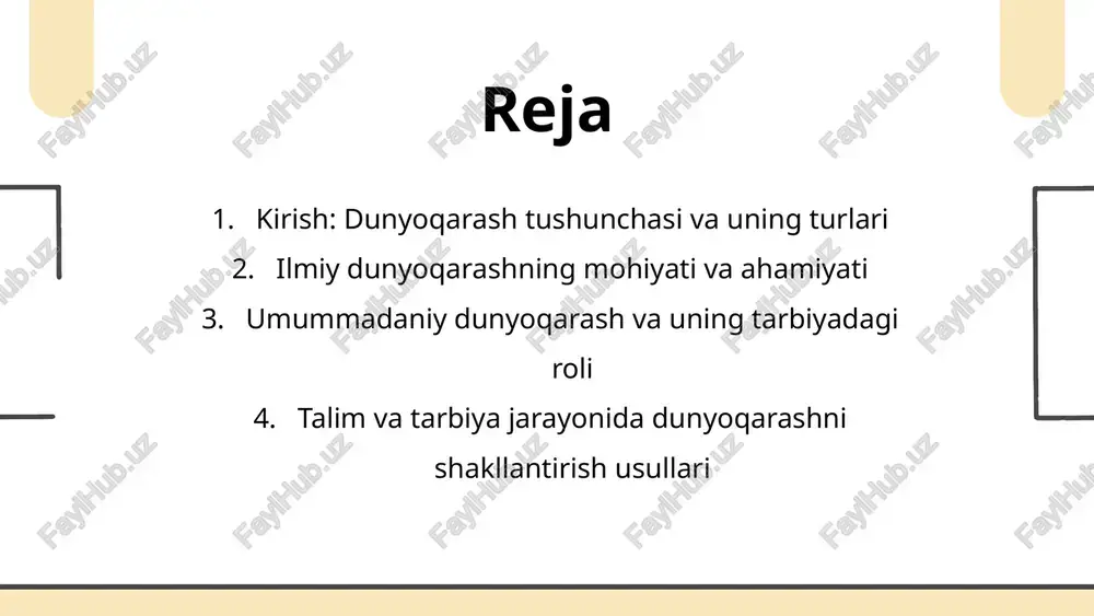im va tarbiya jarayoni orqali dunyoqarashni ongli va tizimli shakllantirish mumkin. dunyoqarashning shaxs tarbiyasidagi o‘rni shaxsda ilmiy dunyoqarashni rivojlantirish: bu orqali talaba haqiqatga asoslangan, mantiqiy fikrlashga ega bo‘ladi. umummadaniy dunyoqarashni shakllantirish: o‘z milliy qadriyatlarini, madaniyatini hurmat qilish, boshqa madaniyatlarni anglash va qadrlash ko‘nikmalarini hosil qilish. talim va tarbiya orqali dunyoqarash shakllanishining maqsadi dunyoqarash shakllanishining ijtimoiy ahamiyati shaxs jamiyatda faol va ongli fuqaroga aylanadi. ijtimoiy muammolarga nisbatan konstruktiv, hal qiluvchi yondashuvlarni rivojlantiradi. tolerantlik, bag‘rikenglik, madaniy hamjihatlik xususiyatlarini shakllantiradi. innovatsion va ijodiy faoliyatga rag‘batlantiradi. ta’lim-tarbiya jarayonida dunyoqarash shakllantirish usullari bilimlarni tizimli va mantiqiy taqdim etish. muammoli va izlanish usullaridan foydalanish. tarbiyaviy mashg‘ulotlarda madaniy va axloqiy qadriyatlarni o‘rgatish. o‘quvchilarda mustaqil fikrlashni rag‘batlantirish. ilmiy dunyoqarash lmiy dunyoqarash — bu atrofimizdagi voqelikni haqiqatga asoslangan, ishonchli dalillar, kuzatishlar, tajribalar va mantiqiy xulosalar orqali tushunish va izohlashga asoslangan qarashlar tizimidir. bu dunyoqarash inson ongining yuqori darajada rivojlangan shakli bo‘lib, u shaxsni tanqidiy fikrlashga, hodisalarni sabab-oqibatlik bog‘lanishlari orqali …