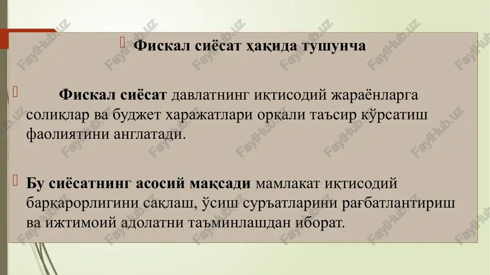 oshqa majburiy to'lovlar yuridik shaxslardan foyda solig'i; jismoniy shaxslardan da­romad solig'i; qo'shilgan qiymat solig'i; aksiz solig'i; er qa'ridan foydalanuv­chilar uchun soliqlar va maxsus to'lovlar; suv resurslaridan foyda­langanlik uchun soliq; mol-mulk solig'i; er solig'i; benzin, dizel yoqilg'isi va gaz uchun soliq. yagona soliq to'lovi; yagona er solig'i; tadbirkorlik faoliyati­ning ayrim turdagi tovarlar bilan chakana savdo qilish va ayrim turdagi xizmatlarni ko'rsatish huquqi uchun yig'im davlat boji; bojxona to'lovlari; ayrim turdagi to­varlar bilan chakana savdo qilish va xizmatlarni ko'rsa­tish huquqi uchun yig'im jtimoiy jamg'armalargamajburiy to'lovlar; respublika yo'l jamg'ar­masiga majburiy to'lovlar davlat maqsadli jamg'armalariga majburiy to'lovlar soliqlarlarning guruhlanishi soliqqa tortish obyektiga ko‘ra iqtisodiy mohiyatiga ko‘ra to‘g‘ri (bevosita) soliqlar byudjet tizimi darajalari daromadlarini shakllantirishiga ko‘ra umumdavlat soliqlari to‘lovchisiga ko‘ra yuridik shaxs­lar to‘laydigan soliqlar oborotdan olinadigan soliqlar daromaddan olinadigan soliqlar mol-mulk qiy­matidan olinadigan soliqlar yer maydoniga qarab olinadigan soliqlar egri (bilvosita) soliqlar mahalliy soliqlar jismoniy shaxs­lar to‘laydigan soliqlar soliq tizimi umumdavlat soliqlari mahalliy soliqlar va …