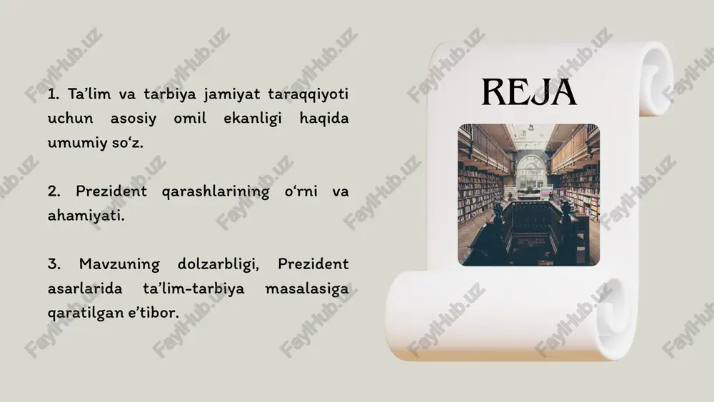 iy ta’lim standartlari va xalqaro tajribalarni joriy qilish chet tillarini o‘qitish tizimini takomillashtirish: ingliz tili va boshqa xorijiy tillarning o‘qitilishi zamonaviy metodlar asosida olib borilmoqda, bu esa yoshlarni xalqaro maydonda raqobatbardosh qilish uchun muhim omil. xalqaro hamkorlikni kengaytirish: prezident tashabbusi bilan o‘zbekiston ta’lim muassasalari xorijiy universitetlar bilan hamkorlik qilmoqda, ilmiy va ta’limiy almashinuv dasturlari yo‘lga qo‘yilmoqda. zamonaviy ta’lim standartlari va xalqaro tajribalarni joriy qilish o‘zbekiston prezidenti muntazam ravishda ta’lim tizimi haqida oliy majlisga murojaat qilgan va muhim strategik hujjatlar imzolagan. bu murojaatlar va hujjatlar ta’lim sohasidagi islohotlarning yo‘nalishini belgilab beradi. “yangi o‘zbekistonning taraqqiyot strategiyasi” (2017 yil): ushbu hujjatda ta’lim tizimini isloh qilish milliy taraqqiyot uchun ustuvor vazifa sifatida ko‘rsatilgan. maktab va oliy ta’lim muassasalarining sifatini oshirish, ilmiy faoliyatni rivojlantirishga alohida urg‘u berilgan. prezidentning oliy majlisga murojaatlari, farmonlari va strategik hujjatlaridagi ta’lim masalalari 2018 yil 22 noyabrdagi farmon “ta’lim tizimini rivojlantirish bo‘yicha qo‘shimcha chora-tadbirlar to‘g‘risida”: farmon ta’lim sifatini oshirish, zamonaviy o‘quv …