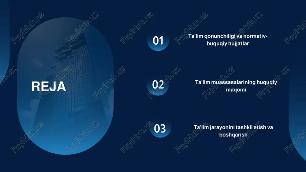 ar, nizomlar, yo‘riqnomalar va ko‘rsatmalar kiradi. ushbu hujjatlar orqali o‘quv dasturlarining mazmuni, o‘qitish uslublari, baholash mezonlari, o‘quv yili davomiyligi, sinov va imtihonlar tartibi aniq belgilab qo‘yiladi. shuningdek, pedagog kadrlar faoliyati, ta’lim muassasasining ichki tartib-intizomi va boshqaruv tizimi ham aynan shu normativ hujjatlar orqali boshqariladi. ular “ta’lim to‘g‘risida”gi qonun asosida ishlab chiqilib, qonunning amalda to‘g‘ri va bir xilda bajarilishini ta’minlaydi. ta’lim tashkilotlari ta’lim tashkilotlari jamiyat ehtiyojlari va huquqiy asoslarga muvofiq holda turli shakllarda tashkil etilishi mumkin. asosan, ular davlat, xususiy va notijorat shakllarda faoliyat yuritadi. davlat ta’lim tashkilotlari — bu davlat tomonidan tashkil etilgan va moliyalashtiriladigan muassasalar bo‘lib, ular o‘zbekiston respublikasi hukumatining ta’lim siyosatini amalga oshiradi. davlat maktablari, kollejlar, texnikumlar, oliy ta’lim muassasalari va maktabgacha ta’lim tashkilotlari shu turkumga kiradi. ular odatda byudjet hisobidan moliyalashtiriladi va ta’lim bepul yoki arzon narxlarda taqdim etiladi. ta’lim tashkilotlari xususiy ta’lim tashkilotlari — jismoniy yoki yuridik shaxslar tomonidan tashkil etiladigan, o‘z mablag‘i asosida faoliyat yurituvchi …