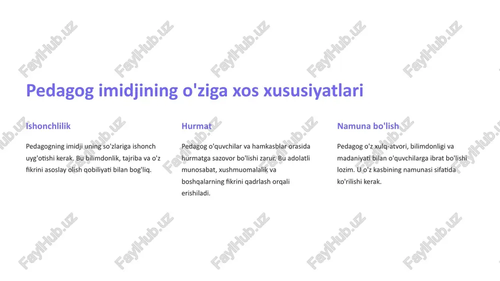 ariga befarq bo'lmaslik va yordam berishga tayyor bo'lish muhim. konstruktiv tanqid tanqidiy fikrlarni to'g'ri va konstruktiv tarzda ifodalash o'quvchilarga o'sishga yordam beradi. tanqid shaxsga emas, balki xatoga qaratilishi kerak. 4 notiqlik san'ati ma'ruzani rejalashtirish ma'ruzaning tuzilishi, asosiy g'oyalar va misollar oldindan rejalashtirilishi kerak. bu nutqning ravon va tushunarli bo'lishini ta'minlaydi. e'tiborni jalb qilish auditoriyaning e'tiborini jalb qilish uchun qiziqarli faktlar, hikoyalar yoki savollar ishlatish mumkin. nutqni jonli va dinamik qilish muhim. vizual materiallar vizual materiallar (slaydlar, rasmlar, videolar) ma'ruzani yanada tushunarli va qiziqarli qiladi. ulardan o'rinli foydalanish kerak. 5 pedagogning xulq-atvori va munosabatlari 1 adolatli munosabat barcha o'quvchilarga bir xil munosabatda bo'lish va ularning qobiliyatlariga qarab baholash muhim. diskriminatsiyaga yo'l qo'ymaslik kerak. 2 xushmuomalalik o'quvchilar, hamkasblar va ota-onalar bilan xushmuomala bo'lish pedagogning imidjini yaxshilaydi. har doim tabassum bilan salomlashish va minnatdorchilik bildirish kerak. 3 sabr-toqat o'quvchilarning savollariga sabr bilan javob berish va ularning xatolarini tuzatish pedagogning kasbiy mahoratini ko'rsatadi. asabiylashmaslik …