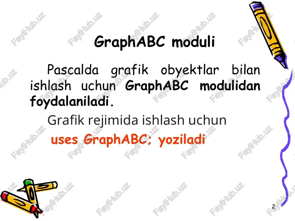 r(clred); line(30,30,400,350); end. * nuqtali chiziq setpenstyle( ); - raqam bo’yicha qalam stilini o’zgartiradi. program prim; uses graphabc; begin setpencolor(clred); setpenstyle(1); {1 - dlinniy shtrix} line(10,100,350,100); setpenstyle(2); {2 - korotkiy shtrix} line(10,125,350,125); setpenstyle(3); {3 - shtrix-punktir} line(10,150,350,150); end. * qalin chiziq setpenwidth(n) - n pikselli qalamning kengligini o’rnatadi. program liniay; uses graphabc; begin setpenwidth(20); setpencolor(clred); line(30,30,400,350); end. * program uchburchak; uses graphabc; begin setpenwidth(20); setpencolor(clred); line(300,100,500,300); lineto(100,300); lineto(300,100); floodfill(300,200,clgreen); end. uchburchak line(x1,y1,x2,y2); lineto(x,y); * to’rtburchak rectangle(x1,y1,x2,y2) – qarama qarshi uchlari (x1,y1) va (x2,y2) nuqtalarda joylashgan to’g’ri to’trburchak chizadi. program to’rtburchak; uses graphabc; begin rectangle(50,50,200,200); end. x1,y1 x2,y2 * bo’yash floodfill(x,y,color) - (x,y) nuqtadan boshlab color parametrli rang bilan bo’yash. program pryamougolnik; uses graphabc; begin rectangle(50,50,200,200); floodfill(100,100,clblue); end. x1,y1 x2,y2 * cho’tka rangi setbrushcolor(color) - color parametr bilan berilgan rangni cho’tka rangi sifatida o’rnatadi. program zalivka_kist; uses graphabc; begin setbrushcolor(clgreen); rectangle(50,50,300,300); end. * setbrushstyle(0 dan to 7 gacha yoki nomi bilan) …
