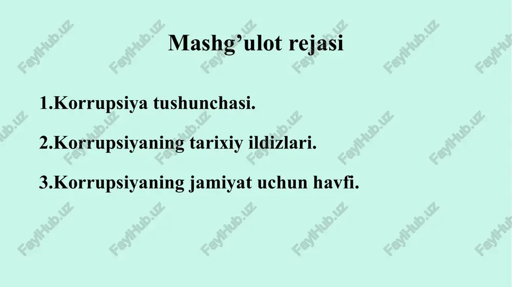 in. bilsinki, to bir kishi boshqalardan pora olmasa, boshqaga pora bermaydi. agar vazir pora olishga sabab bo‘lsa, pora olishga ruxsat bergan bo‘ladi. pora berish va pora olish haromdir. va pora olgan pora bergandan yomonroq bo‘ladi, chunki oluvchi beruvchi oldida zabun bo‘ladi”. korrupsiyaning quyidagi to‘rt asosiy sababini keltirish odat tusiga kirdi: 1. shaxsiy sabablar. korrupsiya “yomon” hodisa, u yaxshi ta’lim-tarbiya ko‘rmaslik va kam maosh oladigan amaldorlarning nokasligi oqibatida paydo bo‘ladi. 2. institutsional sabablar. bunda boshqaruvning kuchsizligi asosiy omil sanaladi. masalan, kadrlar tayyorlash, hisobga olish va nazorat qilishning samarasizligi, mansabdorlarni yollashning osonligi va ularni oson ishdan haydash, ularda uzoq vaqt mansabda turishga ishonchsizlik paydo bo‘lishi kabilar korrupsiyani rag‘batlantiruvchi omillardir. 3. tizimiy sabablar. hukumat ba’zan jamiyatning shunday talablariga duch keladiki, ularni bajarishning rasmiy tartiblari hali aniq ishlanmagan bo‘ladi yoxud ular ko‘p miqdorda mablag‘ talab etadi va aksar holda uzoq muddatlarga cho‘ziladi. shunday holatlarda korrupsiyaga to‘g‘ridan-to‘g‘ri va qisqa yo‘llar ochiladi. 4. ko‘p tomonlama sabablar. …