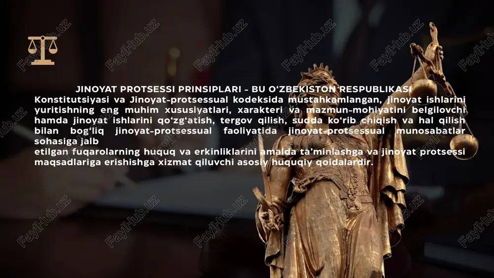 sni jinoyat sodir etishda aybdor deb topish hamda ushbu shaxsga jazo tayinlashga faqat sud o‘z hukmi bilan vakolatli.shaxsga nisbatan tibbiy yo‘sindagi majburlov choralarini, qamoqqa olish va uy qamog‘i tarzidagi ehtiyot choralarini qo‘llash, shaxsni tibbiy muassasaga joylashtirish, ayblanuvchini, sudlanuvchini lavozimidan chetlashtirish to‘g‘risidagi qarorni qabul qilishga, murdani eksgumatsiya qilish va pochta-telegraf jo‘natmalarini xatlashga ruxsat berishga ham faqat sud haqlidir. o'zbekiston respublikasi konstitutsiyasining 130-moddasida: oʻzbekiston respublikasida odil sudlov faqat sud tomonidan amalga oshiriladi. ﻿oʻzbekiston respublikasida sud hokimiyati qonun chiqaruvchi va ijro etuvchi hokimiyatdan, siyosiy partiyalardan, fuqarolik jamiyatining boshqa institutlaridan mustaqil holda ish yuritadi. page | 02 o'zbekiston respublikasi " sudlar to'g'risida" gi qonunning 1- moddasi 2-qismida : oʻzbekiston respublikasida odil sudlov faqat sud tomonidan amalga oshiriladi. hech qaysi boshqa organlar va shaxslar sud hokimiyati vakolatlarini oʻzlashtirib olishga haqli emas. e'tiboringiz uchun rahmat! image1.jpeg image2.png image3.svg image3.jpeg image4.png image5.png image7.svg image6.jpeg image7.jpeg image8.jpeg image9.png image10.png image13.svg image11.jpeg image12.jpeg image13.png image17.svg , ~~ gone . …