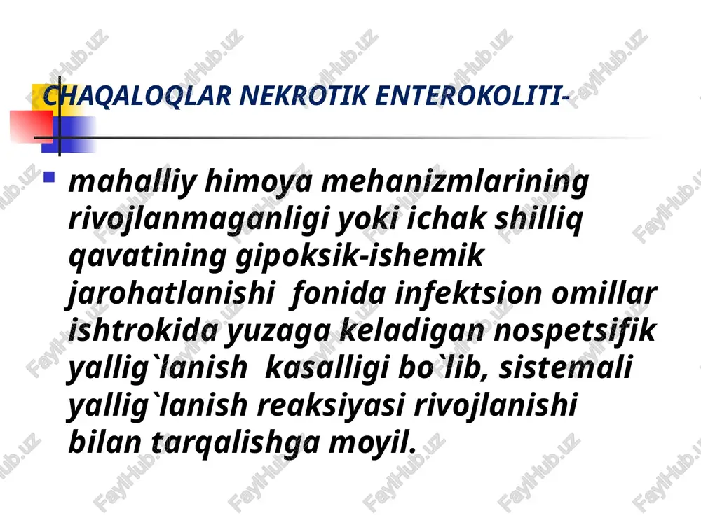 vchi nek 3a yukoridagi kabi +aralash atsidoz, trombotsitopeniya, neytropeniya, arterial gipotenziya, koagulyatsion buzilishlar. generalizatsiyalashgan peritonit, korinning keskin shishishi, konli stul, ichak parezi korin bushligi palpatsiyasiga reaktsiya bilan. ichak shishishi, ichakda kuplab gorizontal satxlar, ichak pnevmatozi, portal venada gaz, keskin astsit 3b yukoridagi kabi + dvs-sindrom generalizatsiyalashgan peritonit, korinning keskin shishishi, konli stul, ichak parezi korin bushligi palpatsiyasiga reaktsiya bilan. ichak shishishi, ichakda kuplab gorizontal satxlar, ichak pnevmatozi, portal venada gaz, keskin astsit, pnevmoperitoneum. kechishiga ko`ra: yashin tezligida kechuvchi formasi- chaqaloqda yuzaga kelgan 1-diskomfort belgilaridan toki perforatsiya yuzaga kelgunicha ko’pi bilan 1.5- 2 sutka o’tadi. o’tkir formasi- kasallik ishtaxasizlik ko’ngil aynishi va qusish qorin shishishi bilan boshlanadi keyin intoksikatsiya va hayotiy muhim a’zolar dizfunksiyasi qo’shiladi. o’tkir osti turi –mit organlari disfunksiya belgilari klinik sog’ayish belgilari bilan almashib turadi. kasallik asta sekin rivojlanib, retsidivlanib kechadi. -lokal forma- ichakning chegaralangan sohasining zararlanishi -multisegmentar forma-ichakning bir necha sohasining zararlanishi -ichakning total zararlanishi yoki pannekroz. …