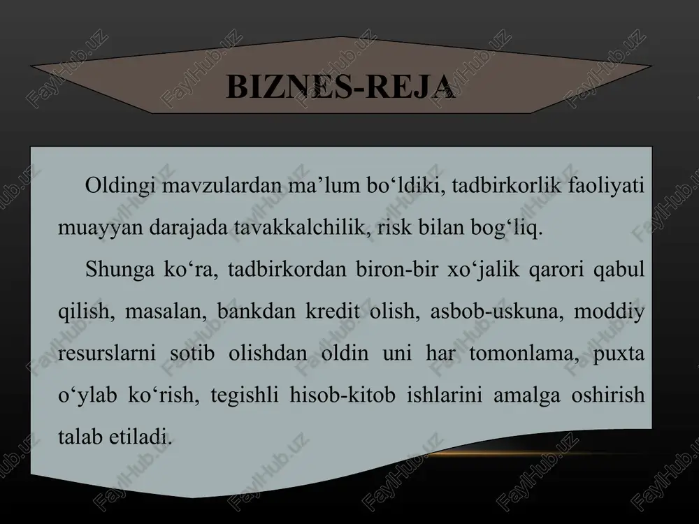 o‘ra, quyidagi uch muhim vazifani bajaradi: birinchidan, korxona, firma va kompaniyaning, shu bilan birga, jamoa a’zolarining asosiy maqsad va vazifalarini belgilab beradi; ikkinchidan, g‘oya yoki birlamchi loyihaning amaliy harakat dasturi shakliga keltirilgan hujjat sifatida hisob-kitoblar, sarf-xarajatlar, biznesni tashkil qilish va yuritishning asosiy yo‘nalishlari to‘g‘risida ma’lumot beradi; uchinchidan, faoliyatni moliyalashtirish, kredit resurslaridan foydalanish, shuningdek, sarmoyador sheriklarni hamkorlikka jalb etishda asos vazifasini bajaradi. biznes-rejaning tuzilishi va tarkibiy qismlari har bir tadbirkor o‘z faoliyati, moliyaviy manbalarini hisobga olgan holda o‘zi uchun biznes-reja ishlab chiqadi. shu sababli hamma uchun bir xil mos tushadigan biznes-rejalar mavjud bo‘lmaydi. agar sizda bironbir biznes-g‘oya mavjud bo‘lib, uni amalga oshirish bo‘yicha biznes-reja ishlab chiqmoqchi bo‘lsangiz, taxminan quyidagi tarkibiy qismlarni shakllantirishingiz taqozo etiladi. biznes-reja tuzishda mutaxassislar yordamidan ham foydalanishingiz mumkin. ko‘plab korxona va muassasalar o‘z faoliyati tarkibida biznes-reja tuzish, tegishli maslahatlar berish kabi xizmatlarni ko‘rsatadilar. hattoki biznes-reja tuzishga ko‘maklashuvchi ko‘plab elektron sahifalar ham mavjud. shulardan biri – «professional business advisers» …