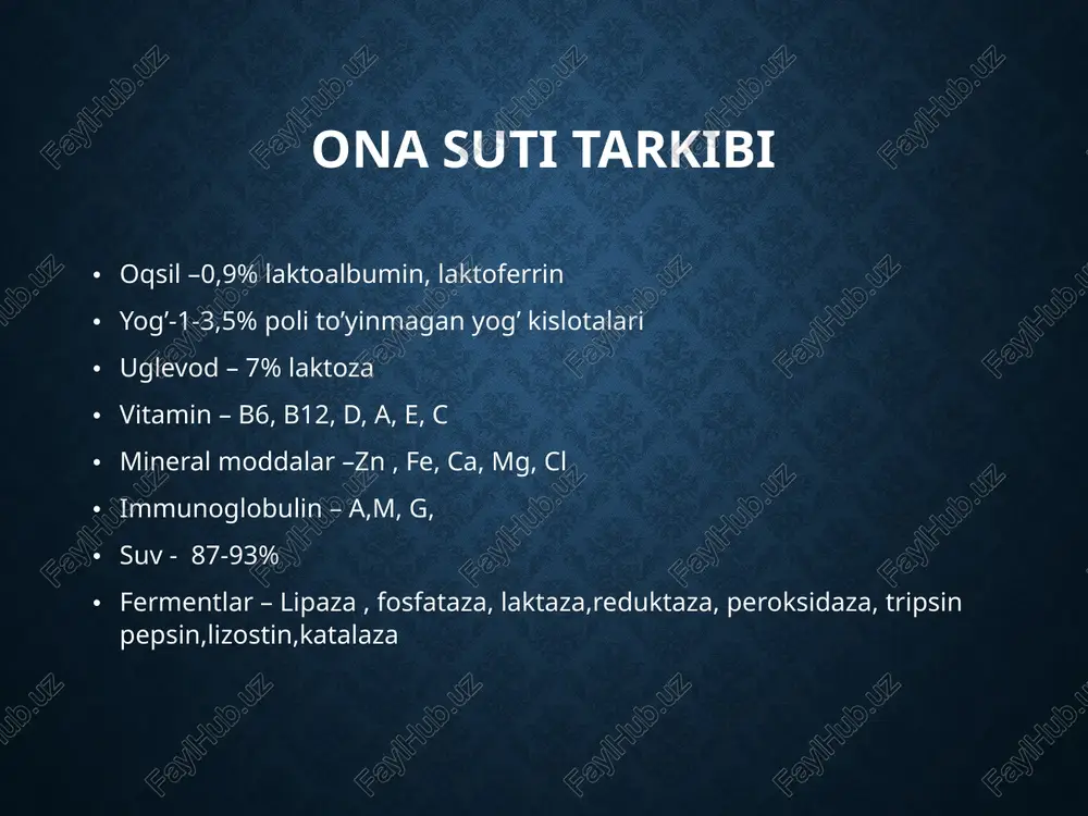 tarkibidagi tuyinmagan yog kislotalari xujayra membranasining, mitoxondriyalar, nervlar mielin kobigi tarkibiga kirib, bola organizmini usishida, oksidlanish kaytarilish jarayonida, xolesterin almashinuvida, kon tomir devorlari utkazuvchanligiga, bola organizmini yukumli kasalliklarga chidamliligini oshirishdagi axamiyati nixoyatda katta. tuyinmagan essentsial yog kislotalari etishmovchiligi natijasida bola jismoniy rivojlanishidan orkada koladi, terisi kuriydi, xolesterin va xolin almashinuvi buziladi. ona sutidagi yog, sigir sutidagi yogdan yana uzining oson parchalanishi, surilishi, ulashtirilishi kabi xususiyatlari bilan fark kiladi. bu ona sutidagi yog kislotalarining kiska uglevod zanjiriga ega bulganligi, xamda bu sutning tarkibidagi lipaza fermentining mavjudligi bilan tushuntiriladi. bundan tashkari essentsial yog kislotalari ichaklardan oksilni surilishiga xam ijobiy ta'sir kursatadi. ona suti tarkibidagi tuyinmagan yog kislotalari mns tormozlanish jarayonini, araxidon kislotasi esa uni faoliyatini shakllanishida aloxida urin egallaydi. ona suti tarkibidagi fosfatidlar, sigir sutidagi fosfatidlar mikdoriga nisbatan laktatsiya jarayonining barcha boskichlarida bir necha barobar katta. ular oshkozondan ichakka ovkat massasini bir me'yorda evakuatsiya kilinishiini, erta va etarli mikdordagi utni ajralishini, yogni …