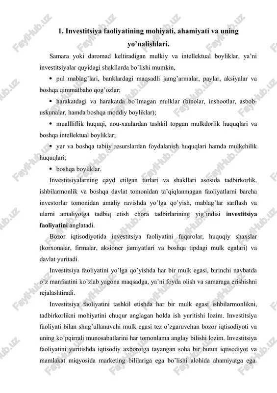bo’lishi alohida ahamiyatga ega. chunki barqarorlashmagan iqtisodiyotda investor pul muomalasi, moliya kredit va banklar, soliq siyosati mohiyatini chuqur bilmay turib, investitsiya faoliyatini tashkil etish tavakkalchilik bilan bog’liq bo’lib, qisqa davr ichidagi inqirozga uchrashi mumkin. bozor munosabatlari rivojlangan etuk jamiyatda investitsiya faoliyati quyidagi yo’nalishlarda olib boriladi: · fuqarolar, davlatga qarashli bo’lmagan korxonalar, xo’jalik assotsiatsiyalari, jamoa va o’rtoqlik xo’jaliklari hamda jamoa mulkchiligi asosida tashkil etilgan tashkilotlar, nodavlat korxonalari va muassasalari tomonidan; · davlatni ma’muriy va boshqaruv bo’linmalari, tashkilotlari hamda davlat korxonalari va muassasalari tomonidan; · chet el fuqarolari, xususiy firmalar, assotsiatsiyalar, kompaniyalar va huquqiy shaxslari hamda boshqa xorijiy davlatlar va halqaro moliya – kredit muassasalari tomonidan; · qo’shma korxona ko’rinishida mahalliy va chet el fuqarolari, huquqiy shaxslar va davlatlar bilan hamkorlikda. mulkchilikni turli shakllarini rivojlanishi, tadbirkorlik va ishbilarmonlikni yo’lga qo’yilishi, jahon iqtisodiy aloqalarini taraqqiy etishi, qo’shma korxonalarni iqtisodiyotni barqarorlashtirishda rolini ortishi investitsiya faoliyatini to’la tashkil etish uchun zarur bo’lgan imkoniyatlarni yaratadi. mulkchilikning …