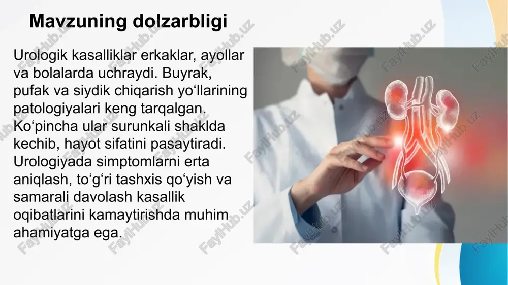 tiladi. gematuriya va piuriya urologik kasalliklarda muhim diagnostik belgilar sifatida baholanadi. urologik kasalliklarni tashxislash tashxis qo‘yishda anamnez, fizik tekshiruv, laborator va instrumental usullar muhimdir. siydik umumiy tahlili, bakteriologik ekma, qon tahlillari asosiy laborator tekshiruvlardir. ultrasonografiya, rentgen, kt va mrt urologiyada keng qo‘llanadi. endoskopik usullar — sistoskopiya, uretroskopiya shilliq qavatlarni to‘g‘ridan-to‘g‘ri ko‘rishga yordam beradi. kompleks yondashuv tashxisni aniq qo‘yishga imkon beradi. laborator diagnostika usullari urologik kasalliklarda siydikning umumiy tahlili eng muhim usuldir. unda eritrotsitlar, leykotsitlar, oqsil, bakteriyalar va tuzlar aniqlanadi. zimnitskiy va nechiporenko sinamalari buyrak faoliyatini baholashda qo‘llanadi. bakteriologik tahlil infeksion kasalliklarda patogenni aniqlash va antibiotik sezgirligini tekshirish imkonini beradi. qon biokimyoviy tahlillari buyrak faoliyatining ko‘rsatkichlarini aniqlashda muhimdir. instrumental diagnostika urologiyada instrumental tekshiruvlar tashxisda katta ahamiyatga ega. ultrasonografiya buyrak, pufak va prostata bezining tuzilishini baholash imkonini beradi. rentgenografiya va ekskretor urografiya tosh kasalliklarini aniqlashda foydali. kompyuter tomografiya va mrt murakkab hollarda qo‘llanadi. endoskopik usullar — sistoskopiya, uretroskopiya shilliq qavatdagi o‘zgarishlarni ko‘rsatadi. …