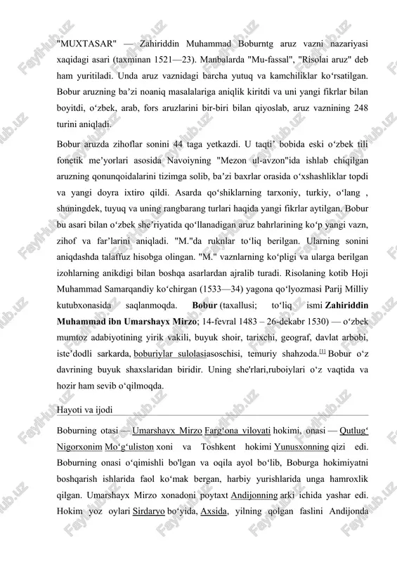 l koʻmak bergan, harbiy yurishlarida unga hamroxlik qilgan. umarshayx mirzo xonadoni poytaxt andijonning arki ichida yashar edi. hokim yoz oylari sirdaryo boʻyida, axsida, yilning qolgan faslini andijonda oʻtkazardi. boburning yoshligi andijonda oʻtgan. bobur barcha temuriy shahzodalar kabi maxsus tarbiyachilar, yirik fozilu ulamolar ustozligida harbiy taʼlim, fiqx ilmi, arab va fors tillarini oʻrganadi, koʻplab tarixiy va adabiy asarlar mutolaa qiladi, ilm-fanga, sheʼriyatga qiziqa boshlaydi. dovyurakligi va jasurligi uchun u yoshligidan „bobur“ („sher“) laqabini oladi. bobur otasi yoʻlidan borib, mashhur sufiy — xoja ahrorga ixlos qoʻyadi va uning tariqati ruhida voyaga yetadi, umrining oxiriga qadar shu eʼtiqodga sodiq qoladi. keyinchalik, „boburnoma“ asarida bobur xoja ahror ruhi bir necha bor uni muqarrar halokatdan, xastalik va chorasizlikdan xalos etganini, eng ogʻir sharoitlarda rahnamolik qilganligini taʼkidlaydi. otasi axsida bevaqt, 39 yoshida fojiali halok boʻlgach, oilaning katta farzandi, 12 yoshli bobur valiahd sifatida taxtga oʻtiradi (1494-yil iyun). movarounnahr taxti uchun kurash bobur portreti, xvii asr. movarounnahr …