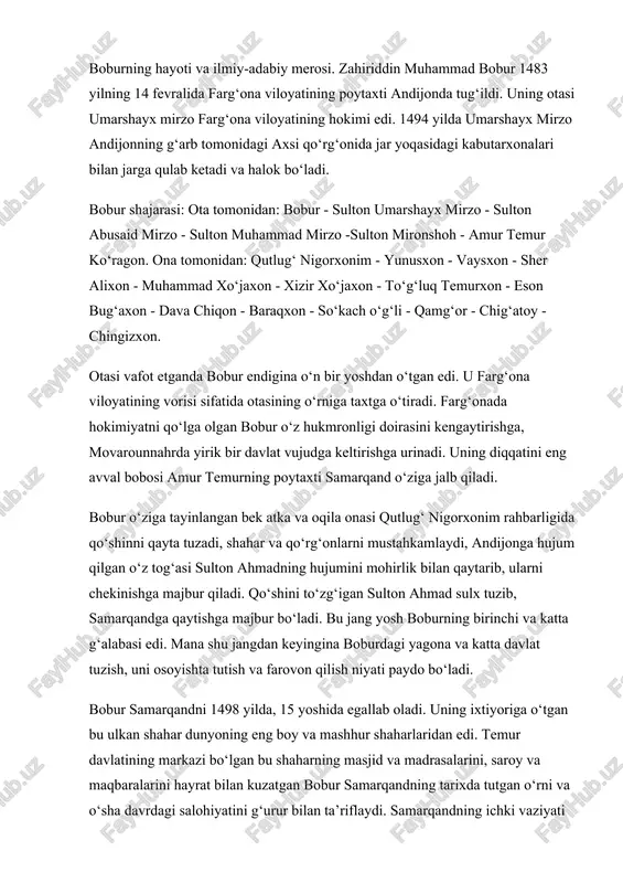 i, saroy va maqbaralarini hayrat bilan kuzatgan bobur samarqandning tarixda tutgan o‘rni va o‘sha davrdagi salohiyatini g‘urur bilan ta’riflaydi. samarqandning ichki vaziyati boburning kutganicha bo‘lib chiqmadi. o‘zaro ichki urushlar, haddan ziyod soliqlar shahar ahlini nihoyatda qashshoq ahvolga keltirgan edi. buning ustiga farg‘onada qolgan ayrim beklar fitna va xiyonat yo‘liga o‘tgan edilar. samarqandda atigi 100 kun hukmronlik qilgan bobur andijondan mahrum bo‘lmaslik uchun qaytib kelayotganda, xo‘jandga yetganda andijonni jahongir mirzo qo‘liga o‘tganini eshitadi. bu orada samarqandni boburning amakivachchasi sulton ali mirzo egallab olgan edi. shundan ikki yilga yaqin vaqt o‘tgandan keyingina bobur andijonni qo‘lga kiritdi, so‘ngra u butun e’tiborini yangidan samarqandga qaratib, qo‘shin bilan shahrisabzga yetganida shayboniy ham samarqandga yaqinlashib qolganini va samarqand hokimi sulton ali mirzo tang ahvolda qolib shayboniyga taslim bo‘lganini eshitadi. biroq, shayboniyning bu yerga hokim tayinlab, o‘zi urushni davom ettirayotgani sababli bobur samarqandni ortiqcha qarshiliksiz qo‘lga kiritadi. 1501 yilning aprel oyida shayboniy samarqandni qamal qiladi, to‘rt oy …