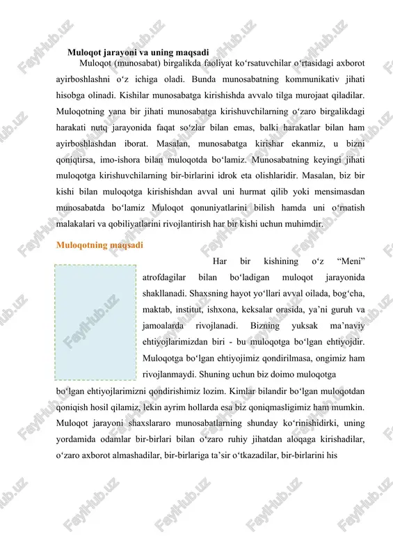 turmushning barcha sohalarida ishtirok etib, hamkorlik faoliyatining moddiy, ma’naviy, madaniy, emotsional, motivatsion qirralarining ehtiyoji sifatida vujudga keladi. insonda yuzaga keladigan har xil ehtiyojlarni maqsadga muvofiq ravishda qondirish muloqot maromiga bogʻliq boʻlib, shaxslararo munosabat, barkamol avlod, komil inson gʻoyalarini anglatadi. muloqot muvaffaqiyatining negizi shaxsning ruhiy dunyosi, ehtiyojlari motivatsiyasi, xarakter xislati, individual-tipologik xususiyati, qobiliyati, e’tiqodi kabi insonning fazilatlari, sifatlari namoyon boʻlishi, rivojlanishi hisoblanadi. muloqot jarayonida muloqotdoshlarning tasavvurlari, qiziqishlari, his-tuygʻulari, koʻnikmalari, voqelik natijasini oldindan sezish, payqash, ta’sir oʻtkazish uslubi tarkib topishi mumkin. barkamol insonlarning muomala maromi, mulohaza yuritish uslubi, munosabatga kirishish oʻquvchanligi, vaziyatdan chiqish salohiyati ham, boshqa odamlar tomonidan taqlid qilinadi va hayot tajribasida unga rioya etib yashaydi. odamlar oʻrtasidagi shaxslararo munosabat jarayonida gʻayritabiiy ijtimoiy holat yoki hodisaga ongli tayanish, oʻzini oʻzi mukammallashtirish, oʻzini oʻzi roʻyobga chiqarish, oʻzini oʻzi boshqarish, oʻzini oʻzi baholash, oʻziga oʻzi buyruq berish shaxsning ruhiy dunyosida muhim kamolot bosqichidir. shuning uchun ichki va tashqi taqlidni tushunish hamda ularni bosqichma-bosqich …