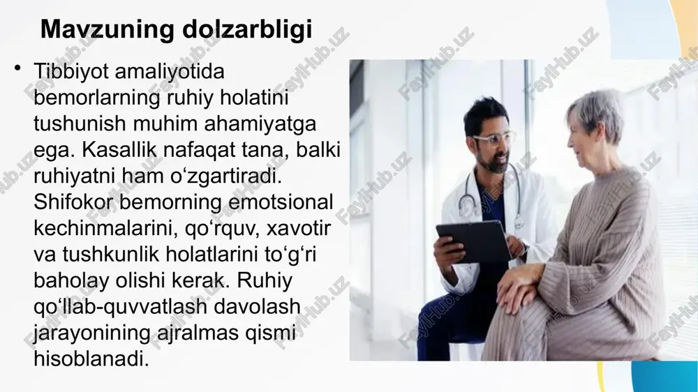 yengillashtiradi. gipoxondriya gipoxondriya — bu sog‘lig‘iga ortiqcha e’tibor berish, o‘zida kasallik bor deb o‘ylash holatidir. bunday bemorlar ko‘p tekshiruv talab qiladi, dorilardan ortiqcha foydalanadi. ularning qo‘rquvi haqiqatga to‘g‘ri kelmasligi mumkin. shifokor sabr bilan tushuntirish berib, bemorni tinchlantirishi va psixologik qo‘llab-quvvatlashi zarur. o‘zini aybdor his qilish holati ba’zi bemorlar kasallikni o‘z aybi deb bilishadi. bu hissiyot ko‘pincha ruhiy siqilish, yo‘qotish yoki surunkali og‘riqlarda uchraydi. o‘zini ayblash depressiya va umidsizlikni kuchaytiradi. shifokor bunday holatda bemorga dalda berishi, uning kasalligi uchun javobgar emasligini tushuntirishi lozim. ruhiy yengillik sog‘ayish jarayonini tezlashtiradi. xulosa bemorlarning ruhiy holati tibbiyot amaliyotining muhim qismidir. depressiya, shok, qo‘rquv, gipoxondriya va o‘zini ayblash holatlari shifokor tomonidan to‘g‘ri baholanib, yumshoq psixologik yondashuv bilan boshqarilishi zarur. ruhiy barqarorlik bemorning sog‘ayishiga, davoga sodiqligiga va umumiy natijaga ijobiy ta’sir ko‘rsatadi. e’tiboringiz uchun rahmat image1.jpeg image3.jpeg image4.jpeg image5.jpeg image6.jpeg image7.jpeg image2.jpeg /docprops/thumbnail.jpeg ing ruhiy holati: depressiya, go’rquy, cho’chish, gipoxondriya, ‘o’zini aybdor his qilish