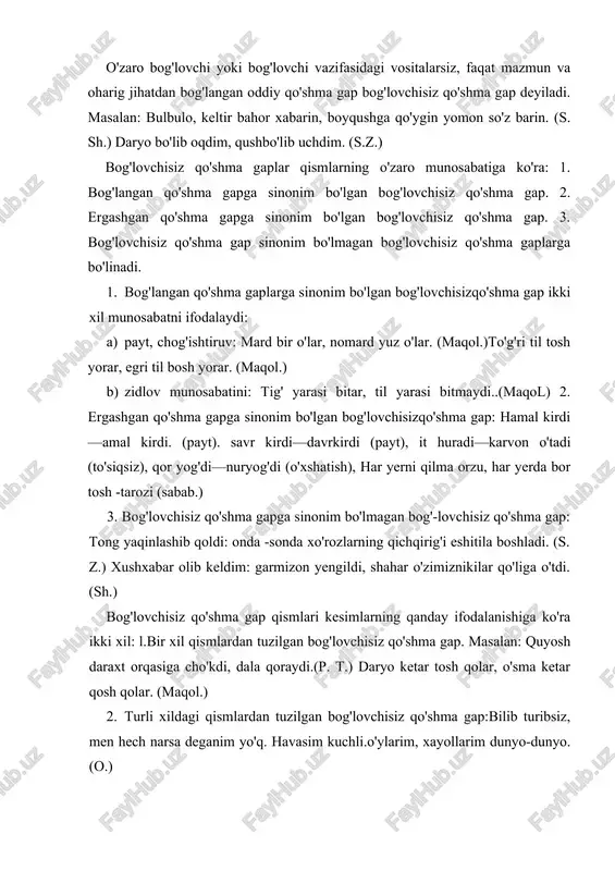 ch narsa deganim yo'q. havasim kuchli.o'ylarim, xayollarim dunyo-dunyo. (o.) bog'lovchisiz qo'shma gaplarda tinish belgilarining ishlatilishi bog'lovchisiz qo'shma gaplarda tinish belgilari quyidagicha ishlatiladi: 1. bog'lovchisiz qo'shma gap tarkibidagi mazmun jihatdan bir-binga yaqin bo'lgan, bir paytda yoki ketma-ket bo'lgan voqea hodisalami ifodalagan sodda gaplar orasiga vergul qo'yiladi. masalan: sizning iste'dodingizni bilaman, sizga hurmatim hamisha baland. (o.) bog'dagi meva daraxtlari gullagan. havodan bol isi anqiydi. (m. osim.) tong otdi, quyosh charaqlab chiqdi. kecham tong otdi, kuldi bahorim. (qo'shiq.) kuy ayj ida uzilmasin tor, she'r avjida sinmasin qalam. (e.v.) 2. bog'lovchisiz qo'shma gap tarkibidagi sodda gaplar mazmunjihatidan qisman mustaqil bo'lsa, yoki vergul ishlatilgan bo'lsa,qo'shma gap tarkibidagi sodda gap bir-biridan nuqtali vergul bilanajratiladi. masalan: pag'a -pag'a mayin qor osmondan yog'ilib turadi; shamolning sekin, bo'g'iq guvillashi eshitiladi. (s.z.) shinel jiqqa ho'l, bektemirning yuzidan tomchilab quyilar edi. 3. bog'lovchisiz qo'shma gap tarkibidagi ikkinchi gap birinchigapning biror bo'lagini izohlasa, uning mazmunini to'ldirsa, soddagaplar orasiga ikki nuqta qo'yiladi. masalan: …