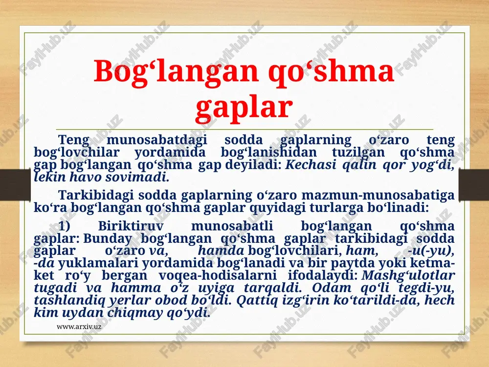 azmun jihatdan tobe-hokim munosabati asosai, ya’ni birining boshqasiga ergashishidan tuzilgan qo‘shma gap ergash gapli qo‘shma gap deyiladi: ildiz oziq bersa, novda ko‘karar. ergashgan gapda bosh gap va ergash gap bo‘ladi. mazmuni izohlanadigan gap bosh gap hisoblanadi. bosh gapga ergashib, uning mazmunini izohlab kelgan gap ergash gap deyiladi: hamma yig‘ilgach, majlis boshlandi. bu gapda hamma yig‘ilgachgapi ergash gap bo‘lib, majlis boshlandi degan gap bosh gap orqali ifodalangan voqea-hodisaning bajarilish paytini izohlab kelgan. www.arxiv.uz ergash gap bosh gapni butunicha yoki uning biror bo‘lagini izohlaydi: rais kirgach, hamma tinchlandi gapida ergash gap bosh gapni butunicha izohlayapti. siz shuni unutmangki, kurashchilar yolg‘iz emas gapida esa ergash gap bosh gap tarkibidagi olmosh bilan ifodalangan to‘ldiruvchini (shuni) izohlayapti. ergash gap bosh gapdan oldin, undan keyin yoki uning ichida kela oladi: o‘qituvchi, qo‘ng‘iroq chalingach, sinfga kirdi. bu gapda ergash gap bosh gap ichida qolgan. ergash gaplar bosh gaplarga chunki, shuning uchun, -ki, agar, garchi, mabodo, go‘yo(ki) (ayrim …