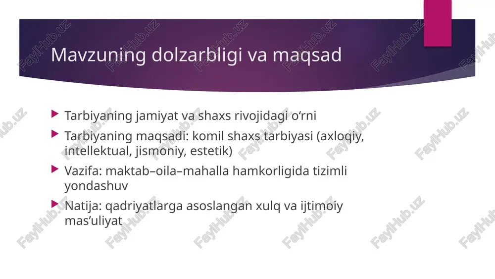 i: netiket, kibersalomlik media savod: faktcheking, tanqidiy fikrlash mas’uliyatli kontent yaratish va baham ko‘rish muammoli (nazariy) topshiriqlar 1) triada modeli uchun hamkorlik xaritasini chizing (oila–maktab–mahalla). 2) milliy qadriyatlarni sel bilan integratsiya qilgan dars ssenariysi tuzing. 3) raqamli etiketa bo‘yicha maktab siyosati loyihasini yozing (3 band). 4) service learning loyihasi uchun baholash rubrikasini ishlab chiqing. 5) akademik halollik bo‘yicha profilaktika dasturi (profil) yarating. monitoring va baholash indikatorlar: qatnashuv, xulq yozuvlari, ijtimoiy loyiha ishtiroki asboblar: rubrika, kuzatuv varaqasi, so‘rovnoma, portfel jarayon va natija baholashi, refleksiv yig‘ilishlar ma’lumotga asoslangan qarorlar (data-informed) swot: kuchli va kamchiliklar kuchli: boy ma’naviy meros, ota-ona hamkorligiga tayanch kuchli: maktabda ma’naviy-ma’rifiy ishlar tizimi kamchilik: resurslar yetishmasligi, metodik yangilanish sur’ati kamchilik: raqamli madaniyatda notekis kompetensiyalar swot: imkoniyatlar mahalla va nntlar bilan hamkorlik, xizmat loyihalari raqamli platformalar orqali ota-onalar bilan muloqot ochiq ta’lim resurslari, tarbiyaviy kontent kutubxonasi mentorlik va hamjamiyat amaliyoti (cop) swot: tahdidlar onlayn xatarlar: kiberzo‘ravonlik, yolg‘on axborot ijtimoiy tengsizlik …