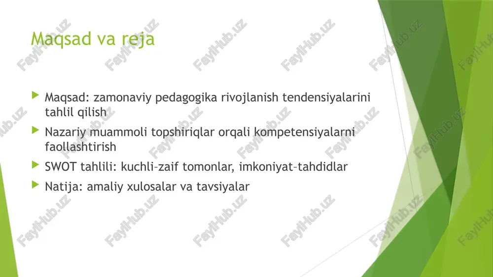ptiv o‘qitish diagnostika asosida individual o‘quv yo‘llari adaptiv kontent va differensiasiya o‘quvchining ovozi va tanlovi (choice & voice) mentorlik va ko‘mak tizimi baholashning yangi formatlari formativ baholash va tezkor fikr-mulohaza (feedback) avtomatlashtirilgan va analitikaga asoslangan baholash akademik halollik: plagiat profilaktikasi, etik me’yorlar metakognitiv refleksiya va o‘z-o‘zini baholash nazariy muammoli topshiriqlar (1–5) 1) “raqamli tafovut” sharoitida tenglikni ta’minlash modeli ishlab chiqing. 2) kompetensiyaga yo‘naltirilgan dars uchun lo, faoliyat va baholashni moslang. 3) udl printsiplariga ko‘ra modulni qayta dizayn qiling (3 variant). 4) ai yordamchisidan foydalanganda akademik halollik siyosatini yozing. 5) steam loyihasi uchun mahalliy muammoni tanlab, baholash rubrikasini tuzing. topshiriqlar tahlil, sintez, baholash darajalarini faollashtiradi. nazariy muammoli topshiriqlar (6–10) 6) lifelong learning yo‘l xaritasini (3 bosqich) chizing. 7) adaptiv o‘qitishda differensiasiya strategiyalarini taqqoslang. 8) formativ baholashda tezkor feedback mexanizmini loyihalang. 9) sel komponentlarini faningizga integratsiya qilish planini tuzing. 10) o‘quv analitikasiga tayangan intervensiya protokolini yozing. swot: kuchli tomonlar va kamchiliklar kuchli: …