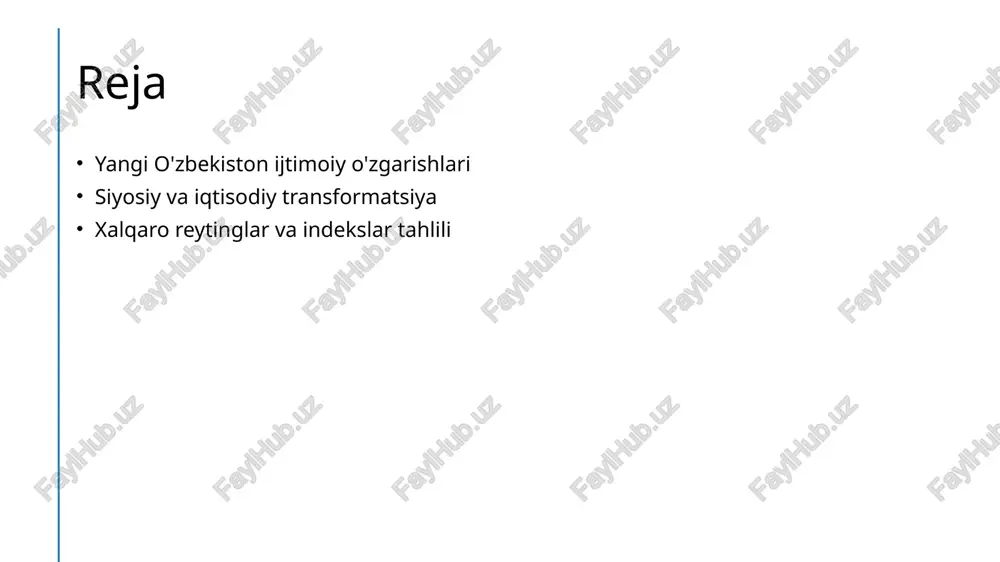 etishga yo'naltirilgan. 3 ijtimoiy ta'sir - siyosiy o'zgarishlar, jamiyatda ijtimoiy barqarorlikni ta'minlash va fuqarolar farovonligini oshirishga ijobiy ta'sir ko'rsatmoqda. iqtisodiy o'zgarishlar va ularning xalqaro reytinglarga ta'siri. 1 iqtisodiy o'zgarishlar o'zbekistonda iqtisodiy o'zgarishlar, xususan, bozor iqtisodiyotiga o'tish, investitsiyalarni jalb qilish va sanoatni rivojlantirish orqali amalga oshirilmoqda. 2 xalqaro reytinglar o'zbekistonning iqtisodiy ko'rsatkichlari xalqaro reytinglarda, masalan, jahon banki va imf baholashlarida yaxshilanmoqda, bu esa mamlakatning global iqtisodiy pozitsiyasini mustahkamlamoqda. 3 iqtisodiy rivojlanish o'zbekistonning iqtisodiy rivojlanishi, yangi texnologiyalarni joriy etish va eksportni oshirish orqali, xalqaro sahnada raqobatbardoshligini oshirmoqda. yangi o'zbekistonning xalqaro reytinglardagi o'rni: o'zgarishlar va natijalar. 1 o'zbekistonning o'rni yangi o'zbekiston xalqaro reytinglarda o'zining ijtimoiy-iqtisodiy va siyosiy o'zgarishlari orqali yuqori pozitsiyalarni egallashga intilmoqda. 2 o'zgarishlar tahlili o'zbekistonning xalqaro reytinglardagi o'zgarishlari, iqtisodiy islohotlar va ijtimoiy rivojlanishlar natijasida ijobiy ko'rsatkichlar bilan namoyon bo'lmoqda. 3 natijalar va istiqbollar o'zbekistonning global indekslardagi o'rni yangi imkoniyatlar va ko'proq investitsiyalarni jalb qilish imkoniyatini yaratmoqda, bu esa iqtisodiy barqarorlikka olib …
