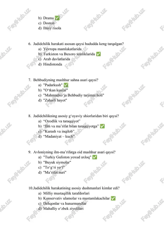 publitsistika ✅ c) falsafa d) tibbiyot 13. jadidlar tomonidan tashkil etilgan matbuot organlaridan biri? a) "o‘zbekiston ovozi" b) "hurriyat" ✅ c) "pravda" d) "zarafshon" 14. behbudiy qaysi tilda yozgan? a) rus va fors b) o‘zbek va fors ✅ c) arab va ingliz d) tojik va fransuz 15. jadidlarning turkistondagi asosiy faoliyati qaysi yo‘nalishga qaratilgan edi? a) din b) sanoat c) ilm-ma’rifat va madaniyat ✅ d) siyosat 16. "padarkush" asarining mazmuni nima haqida? a) otasini o‘ldirgan yigitning taqdiri ✅ b) sho‘ro siyosati haqida c) yangi davr tarixi d) diniy ta’limot 17. fitrat tomonidan yozilgan asarlardan biri? a) "yangi saodat" ✅ b) "mahbub ul-qulub" c) "o‘tkan kunlar" d) "mehrobdan chayon" 18. jadidchilik harakati qachon rasmiy ravishda tugatilgan? a) 1917-yil oktyabr to‘ntarishidan keyin b) 1930-yillar repressiyalari davrida ✅ c) 1945-yildan keyin d) 1960-yillarda 19. munavvar qori qaysi davlatdan ilhom olgan? a) germaniya b) usmonli imperiyasi (turkiya) ✅ c) angliya d) fransiya 20. behbudiy …