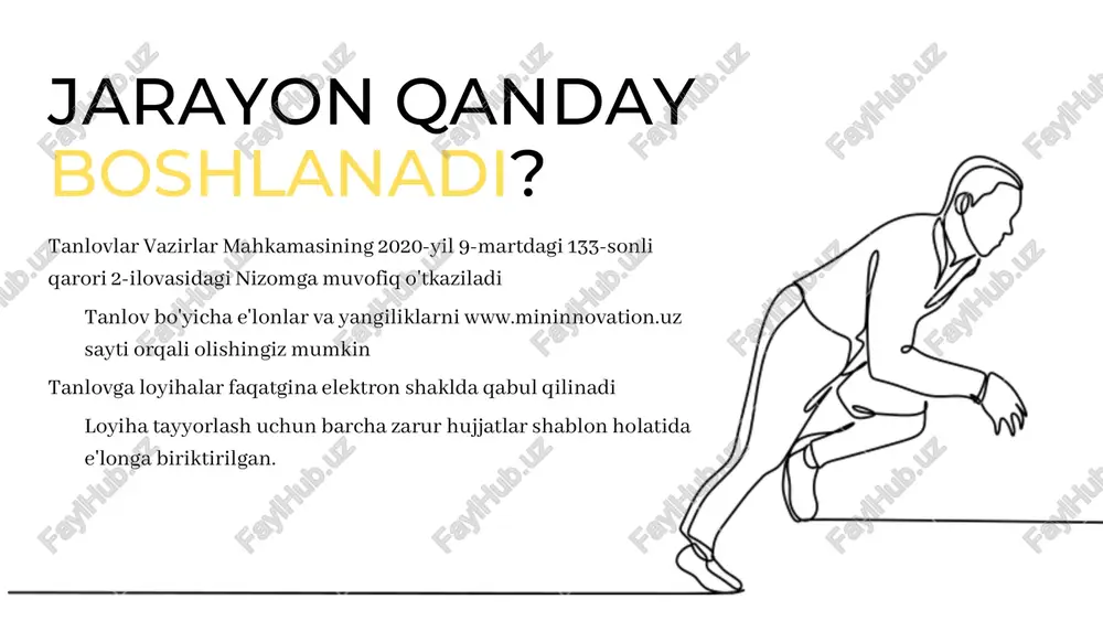 di: barcha xarajat tarkibi, xususiyati, vbazifasi va xarakteri bilan batafsil yozilishi lozim asosiy materiallar va xomashyolar loyihaning maqsad-vazifasidan kelib chiqib kiritiladi ish haqi hisoblashda loyiha yuklamasi, jamoaning vazifasi va so'nggi qonunchilikdagi soliqlar hisobga olinishi kerak keltirilgan barcha xarajatlar kamida 3 ta tijorat taklifi yoki sotuvchi prays listi bilan asoslantirilishi lozim moliyaviy jadvallar xato bilan to'ldiriladi xarajatlar tarkibi va mahsulot tannarxi sotuv rejasi moliyaviy-iqtisodiy prognoz (1-3 yil davomida) daromadlar soliqlar imtiyozlar risklar loyiha moliyaviy jadvallari biznes rejasining istiqboldagi asosiy natijalarini ifodalaydi. unda quyidagi ma'lumotlar malakali buxgalter bilan aniq hisoblab kiritilishi lozim: loyiha taqdimoti - asosiy vosita qisqa, aniq, maqsadli va ishonarli bo'lishi kerak. loyiha qanday muammoni hal qiladi yechim nimadan iborat va innovatsion jihati nima xarajatning asosiy tarkibi qanday marketing tadqiqotlari xulosasi monetizatsiya asosiy ijtimoiy-iqtisodiy natijalar loyiha taqdimoti ekspertizaning eng so'nggi bosqichi hisoblanadi. unda loyiha rahbarlari onlayn shaklda ekspertlar guruhiga loyiha yuzasidan taqdimot o'tkazishadi. taqdimot 3-5 daqiqa davom etadi. quyidagilar alohida …