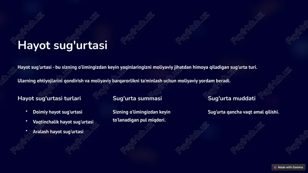 , shikastlanishlar, mol-mulk zararlari. javobgarlikni kamaytirish moliyaviy xavflarni bartaraf qiladi. huquqiy himoya sud jarayonlarida yordam beradi. tinchlik va xotirjamlik moliyaviy jihatdan himoyalanganlik hissi. 7 aloqa vositalarining sug'urtasi mobil telefonlar o'g'irlik, shikastlanish, yo'qotish. kompyuterlar va noutbuklar ma'lumotlarni yo'qotish, jihozlarning buzilishi. aloqa tarmoqlari xizmatlarning uzilishi, internetning yo'qolishi. 8 qishloq xo'jalik mahsulotlari sug'urtasi bu sug'urta turi fermerlarning ekinlarini himoya qiladi. tabiiy ofatlar, hasharotlar va boshqa xavflar. 1 sug'urta kompaniyasi bilan bog'lanish takliflarni olish va shartlarni o'rganish. 2 ekinlarni baholash sug'urta summasini aniqlash uchun. 3 sug'urta shartnomasini tuzish sug'urta muddati va shartlarini belgilash. 4 sug'urta to'lovini amalga oshirish sug'urta qoplamasini ta'minlash. 9 xulosa va tavsiyalar ehtiyojlaringizni aniqlang qaysi sug'urta turlari sizga mos keladi? sug'urta kompaniyasini tanlang ishonchli va obro'li kompaniyani tanlang. shartnoma shartlarini o'qing barcha shartlarni diqqat bilan o'rganing. 10 image-1002-1.png image-1002-2.png image-1-1.png image-1-2.png image-1003-1.png image-1003-2.png image-1004-1.png image-1004-2.png image-1005-1.png image-1005-2.png image-4-1.png image-1006-1.png image-1006-2.png image-5-1.png image-1007-1.png image-1007-2.png image-6-1.png image-6-2.png image-6-3.png image-6-4.png image-1008-1.png image-1008-2.png image-7-1.png image-1009-1.png …